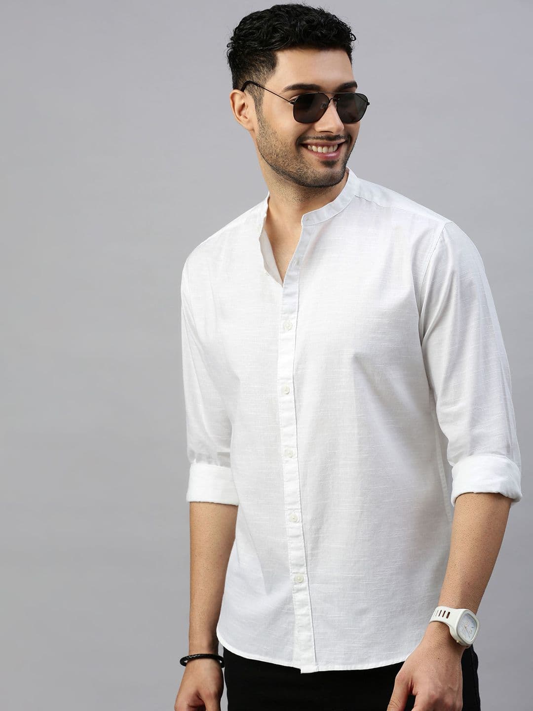 British Club Smart Slim Fit Mandarin Collar Cotton Casual Shirt - view 1