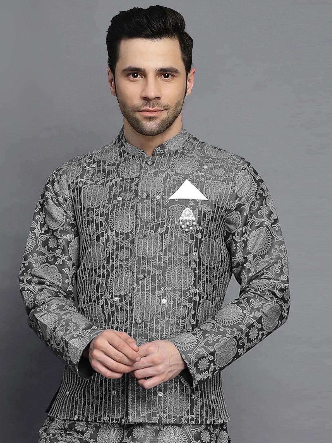 Utsav Fashion Men Block Printed Art Silk Nehru Jacket - view 1