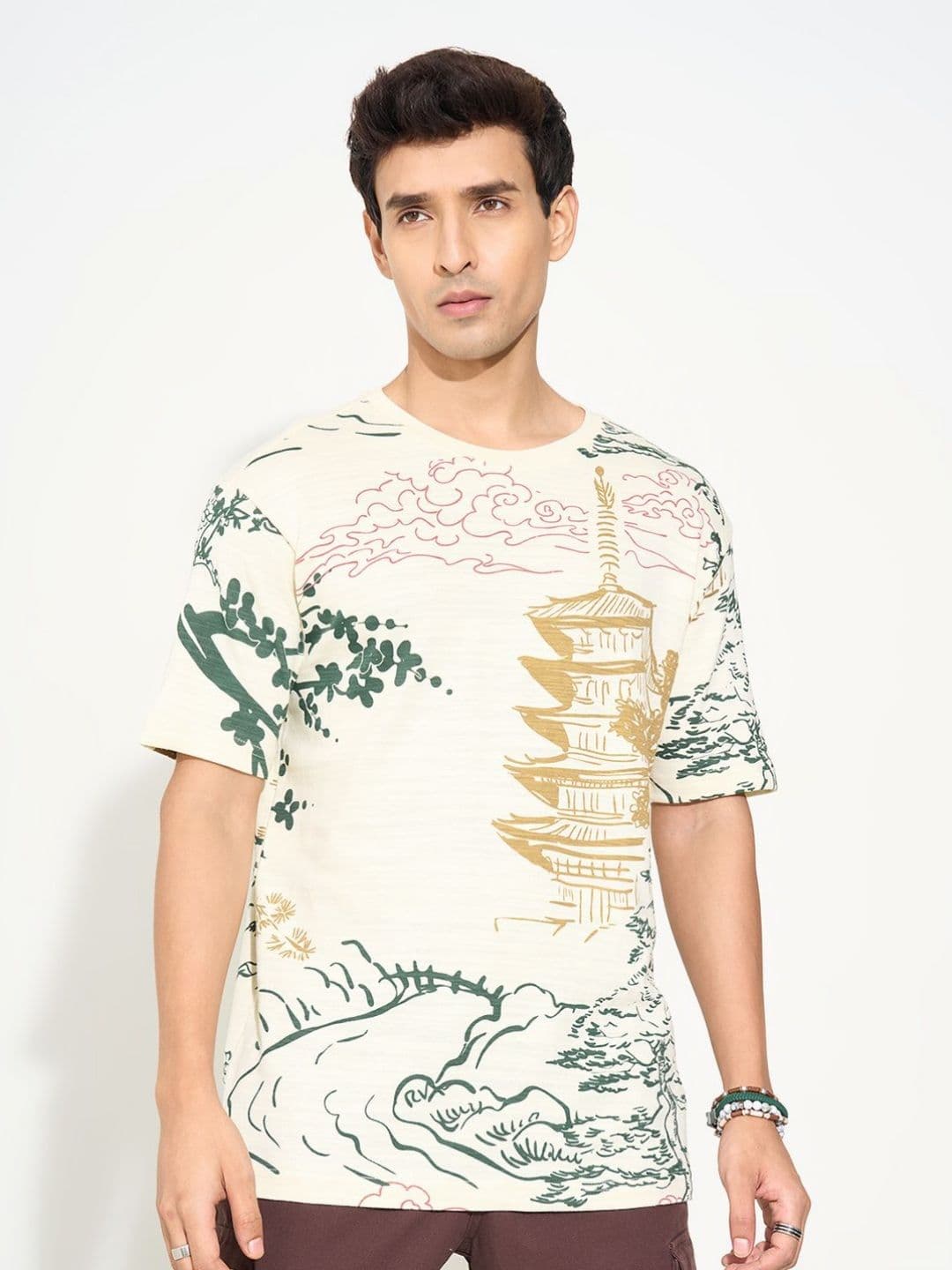 7 Alt by Pantaloons Men Graphic Printed Round Neck Pure Cotton Relaxed Fit T-shirt - view 1