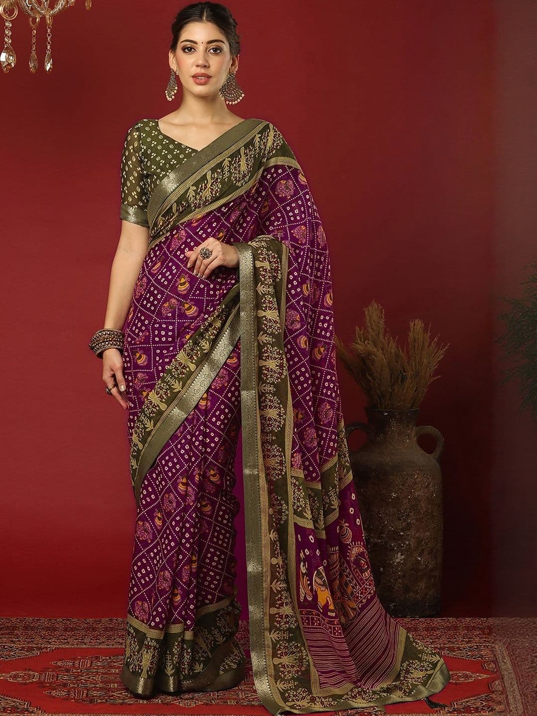 HERE&NOW Ethnic Motifs Poly Georgette Handloom Saree - view 1