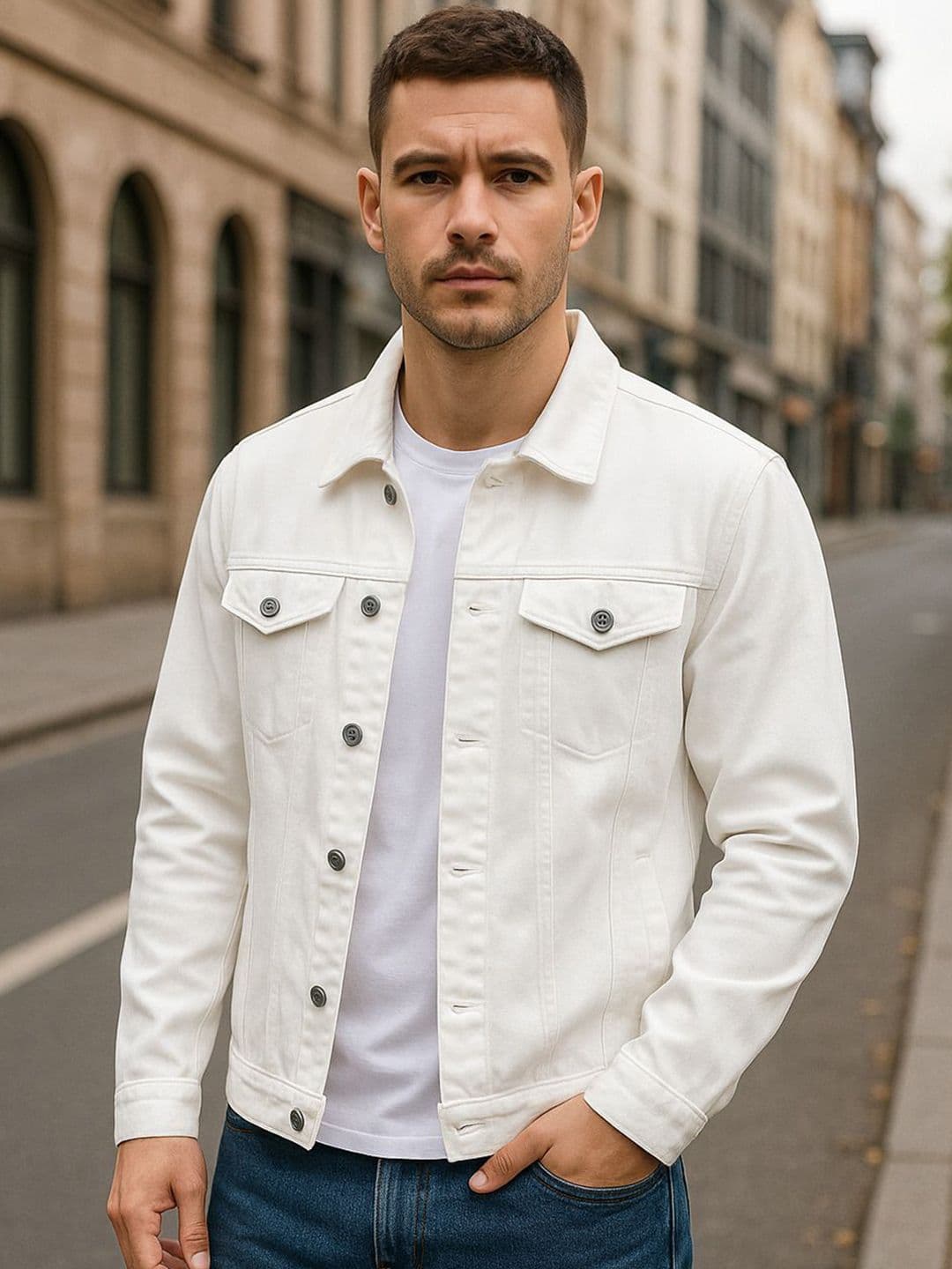 KASHIAN Men Spread Collar Solid Denim Jacket