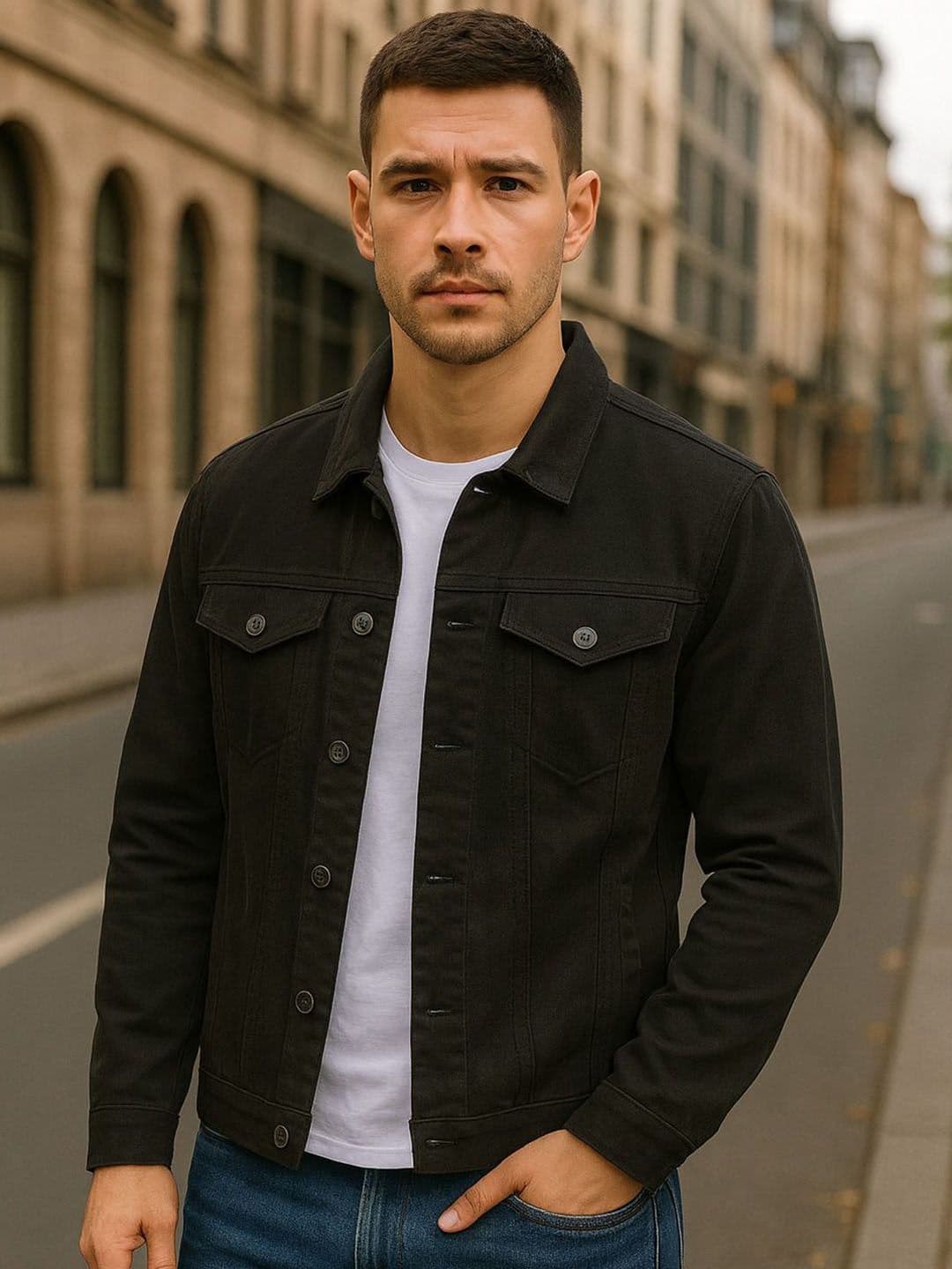 KASHIAN Men Spread Collar Solid Denim Jacket - view 1