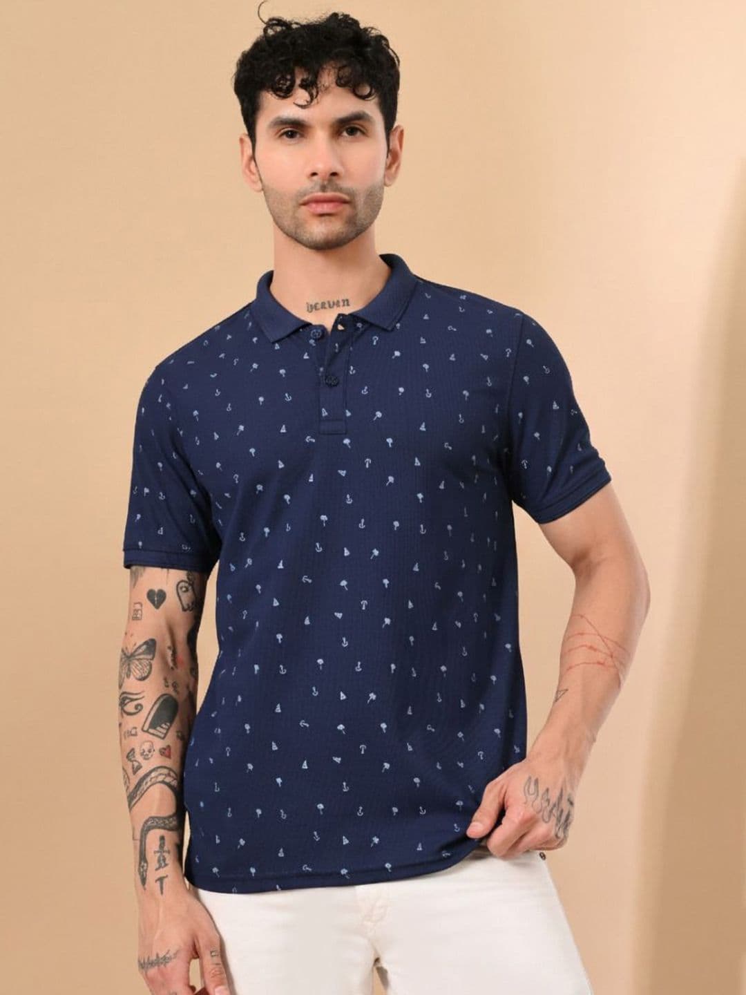 Mast & Harbour Men Geometric Printed Polo Collar Cotton T-shirt - view 1