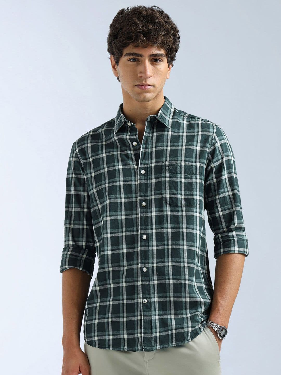 Flying Machine Men Regular Slim Fit Checked Spread Collar Pure Cotton Casual Shirt - view 1