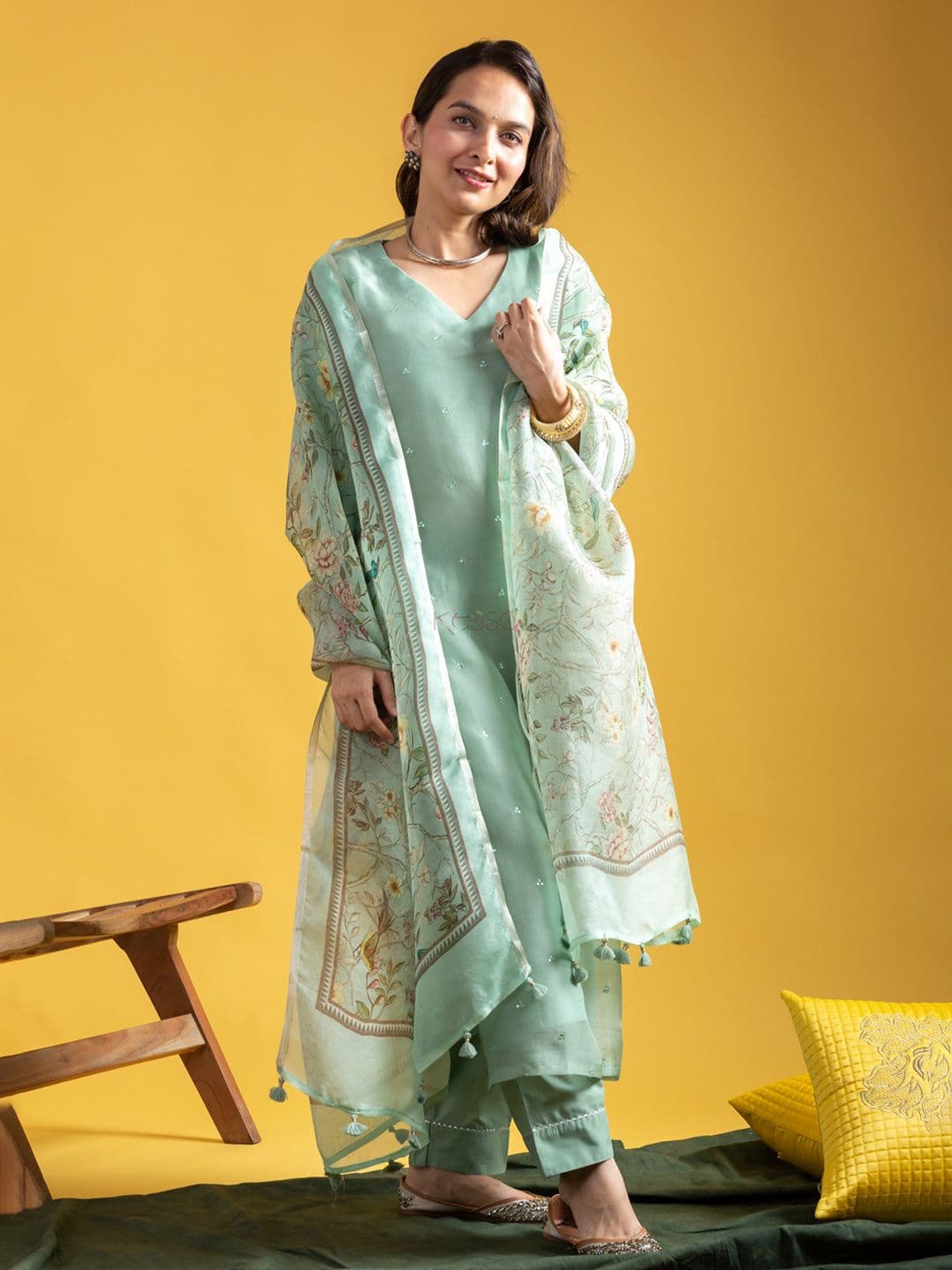 Milvia Women Floral Regular Chanderi Silk Kurta with Trousers & Dupatta - view 1
