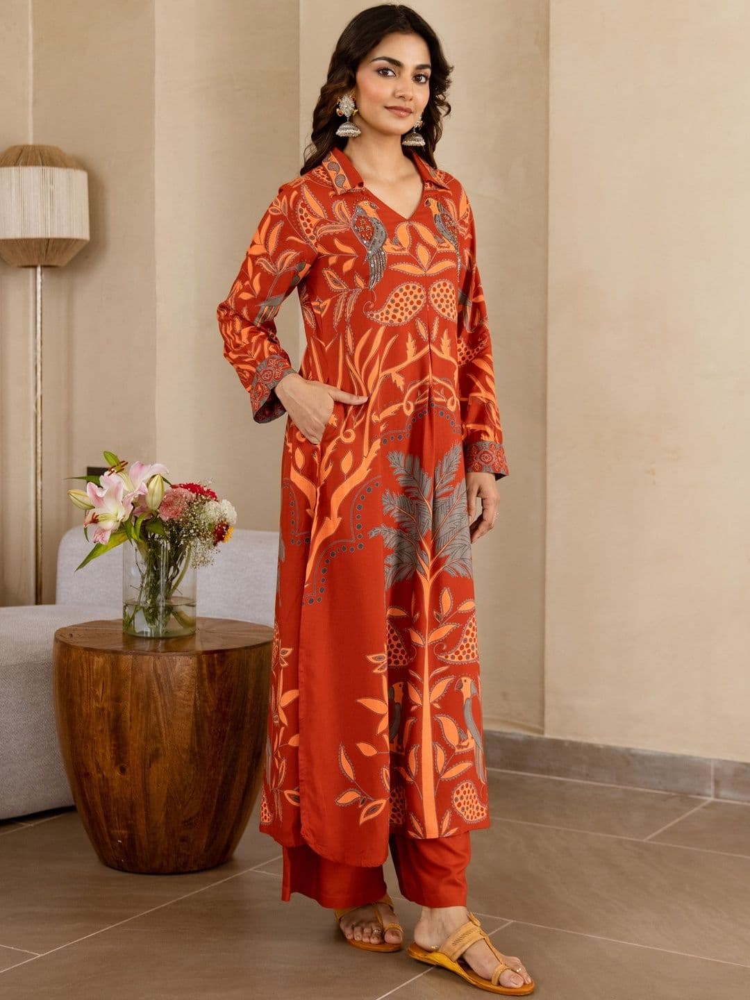 Sangria Ethnic Motifs Printed Beads and Stones Straight Kurta with Trouser - view 1