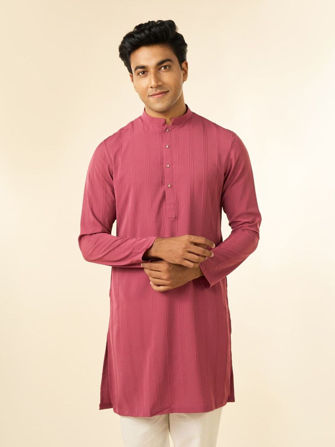 Diwas by Manyavar Men Striped Mandarin Collar Crepe Kurta - view 1