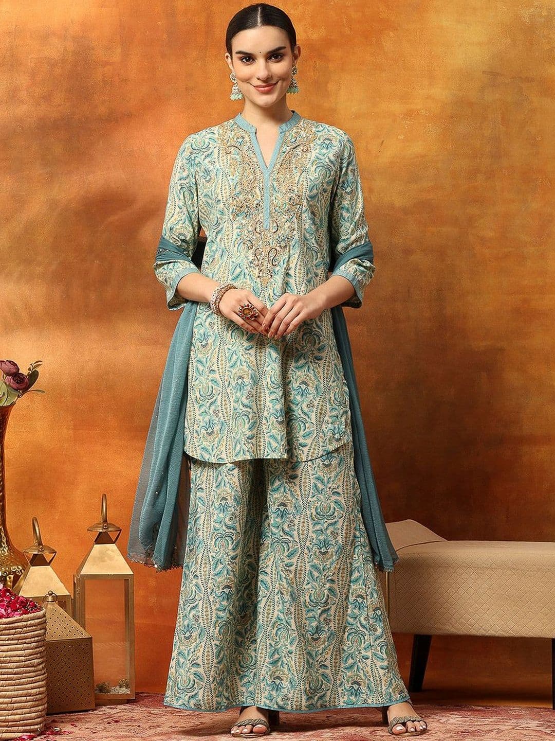 Nayam By Lakshita Floral Printed Mandarin Collar Thread Work Kurta with Sharara & Dupatta Set - view 1