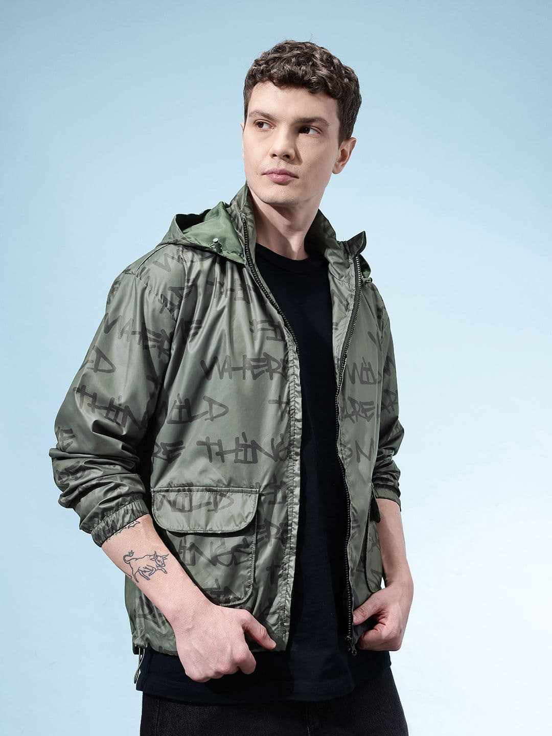 glitchez Typography Printed Hooded Windcheater Tailored Jacket