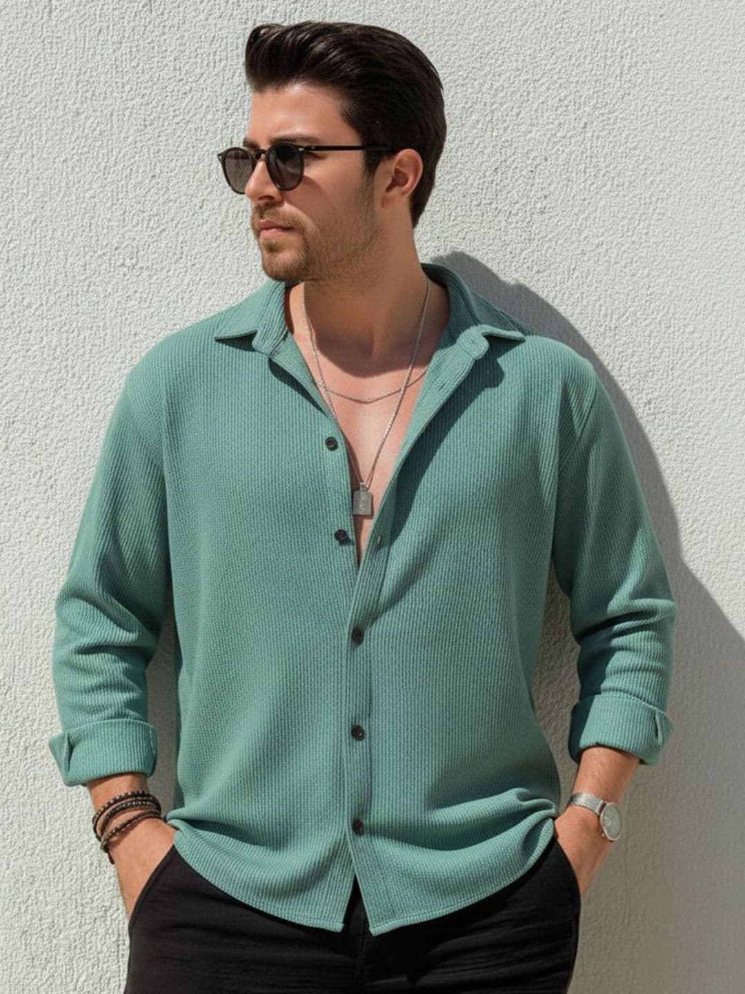 VEYTRO Men Regular Fit Knitted Fit Textured Spread Collar Casual Shirt - view 1