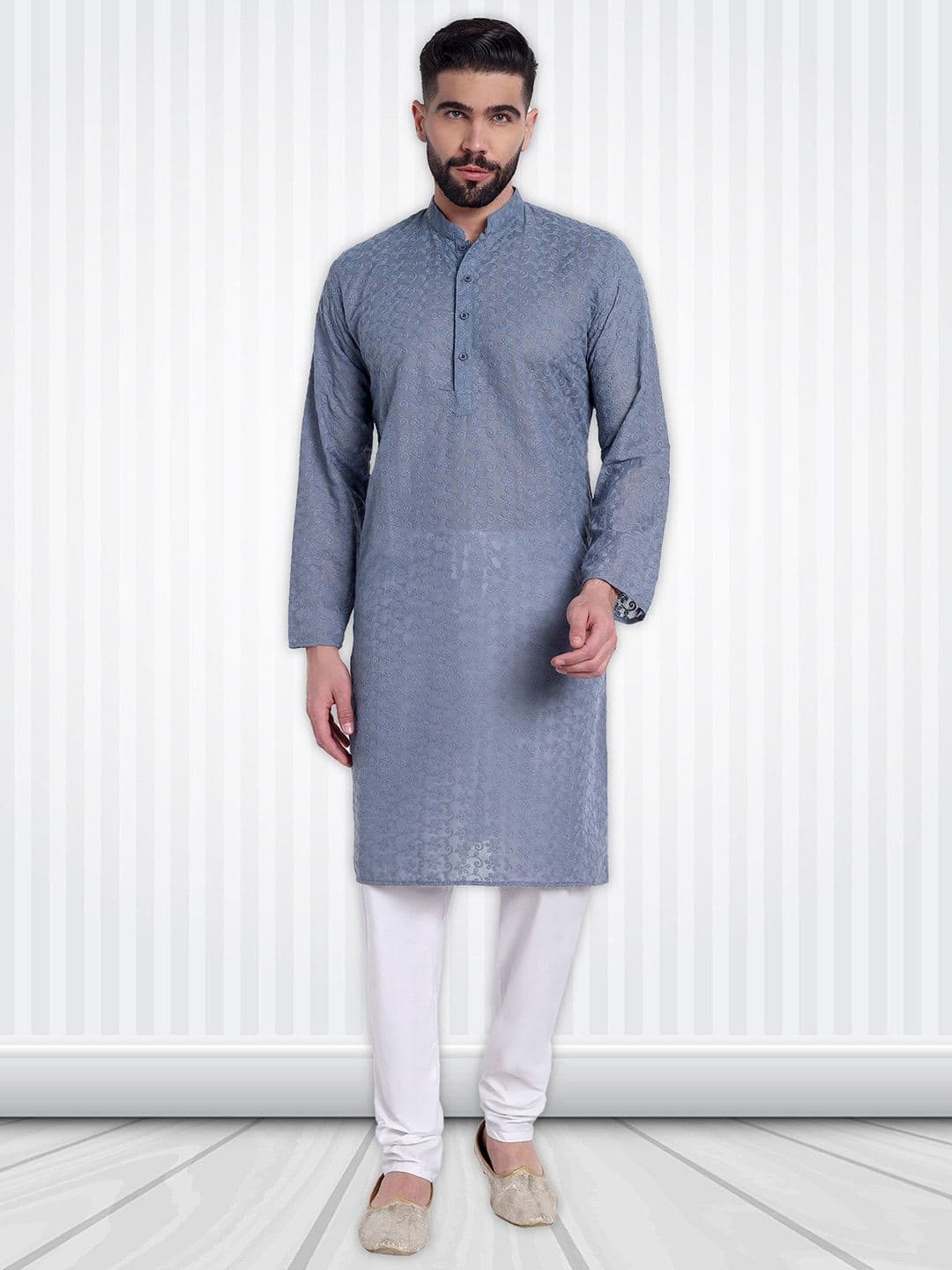 Excent Floral Embroidered Mandarin Collar Chikankari Kurta - view 1