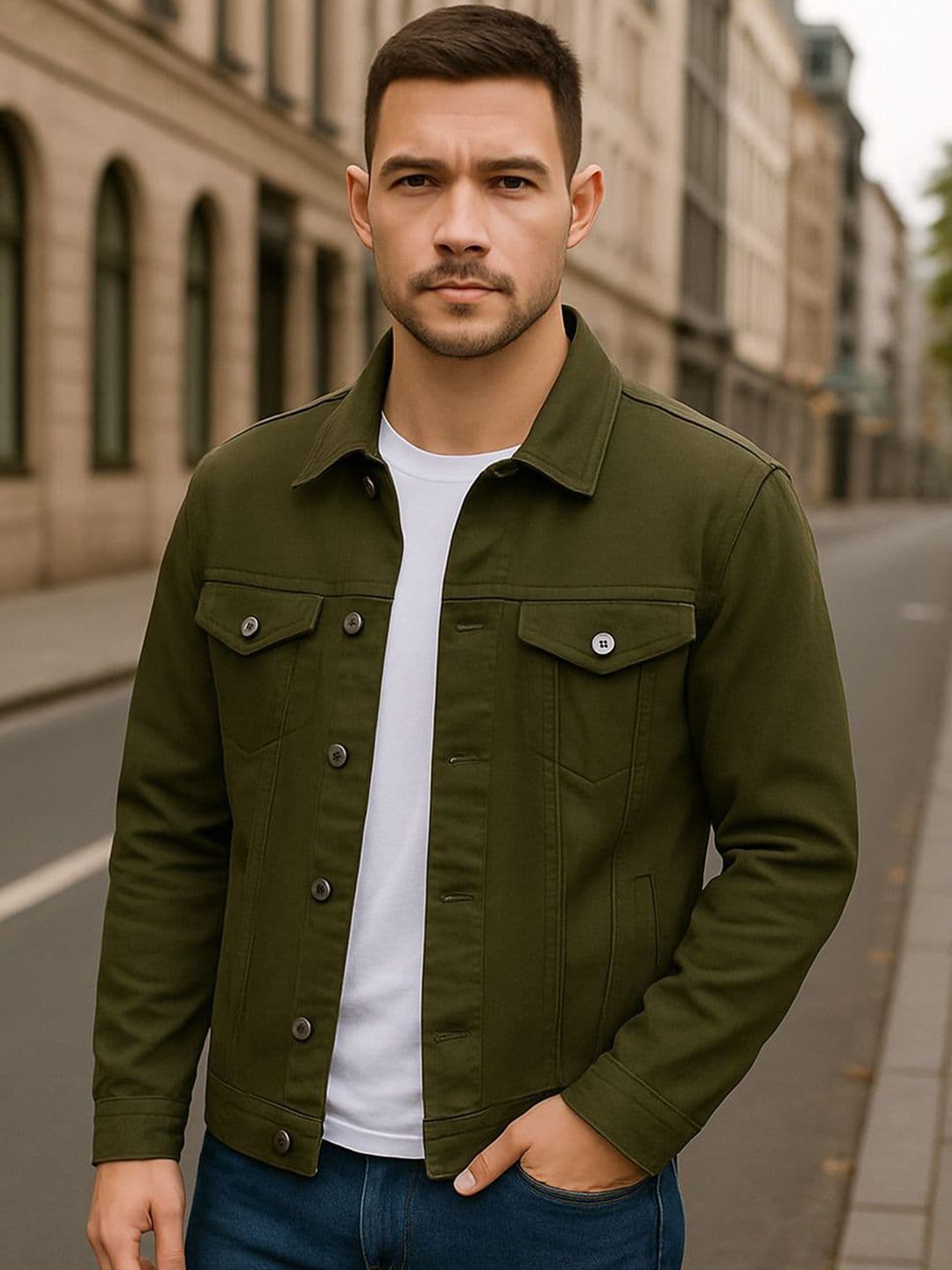 KASHIAN Men Spread Collar Solid Denim Jacket - view 1