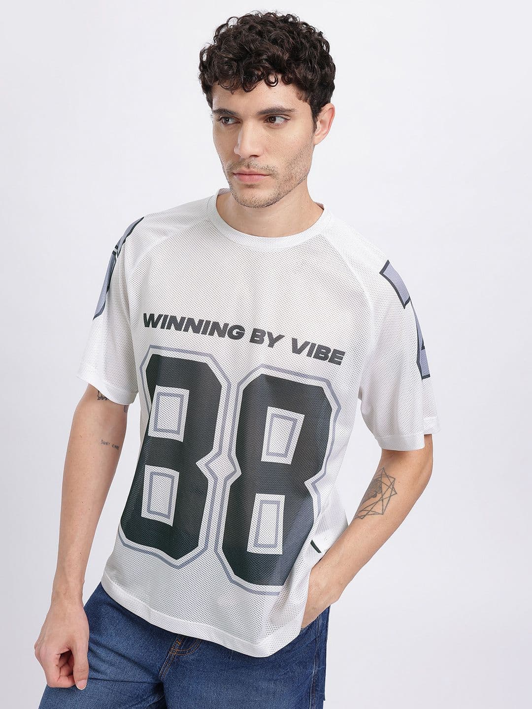 glitchez Typography Printed Oversized Raglan Sleeves T-shirt with Mesh Inserts - view 1