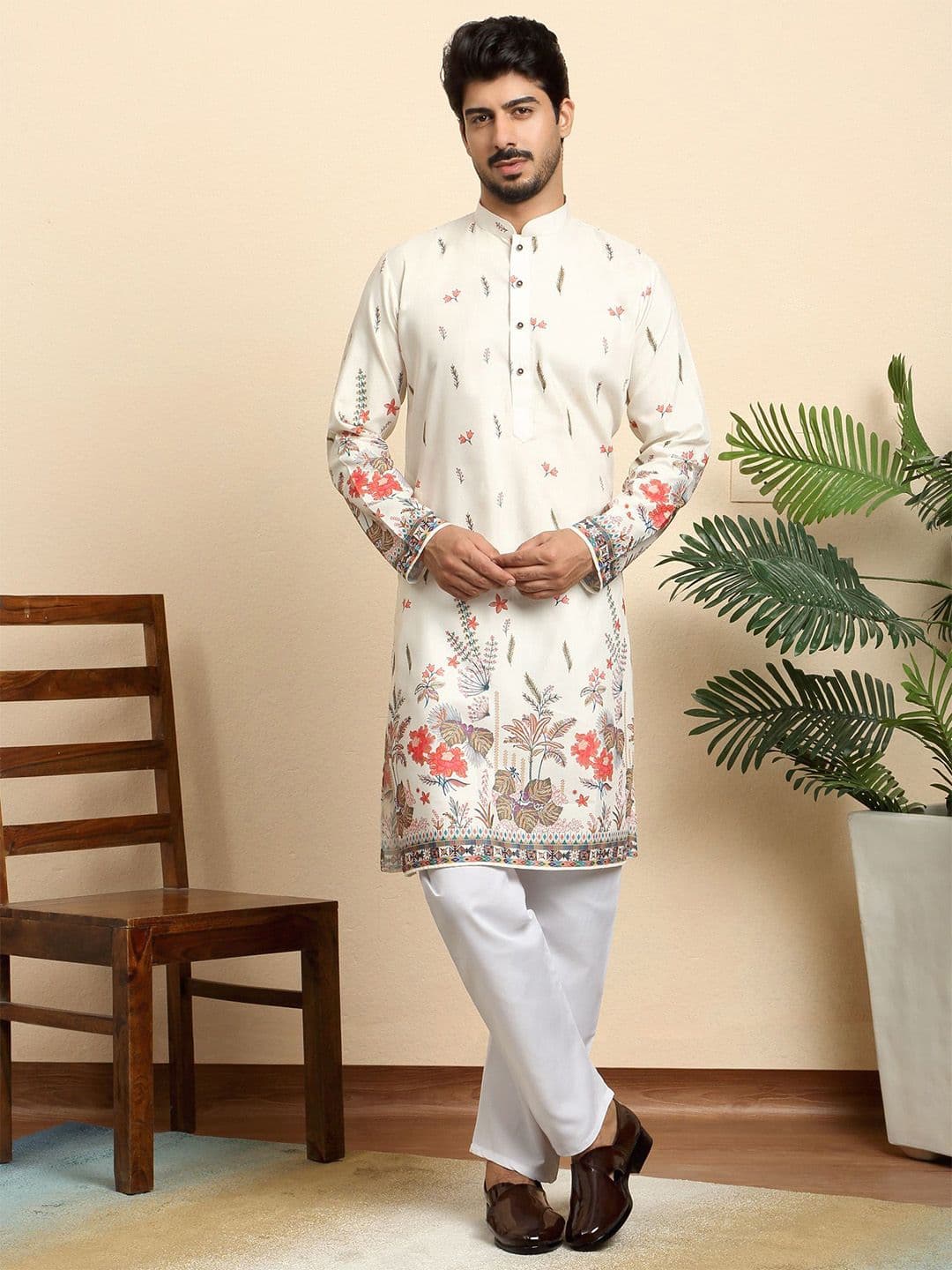 KRAFT INDIA Men Floral Printed Band Collar Kurta - view 1