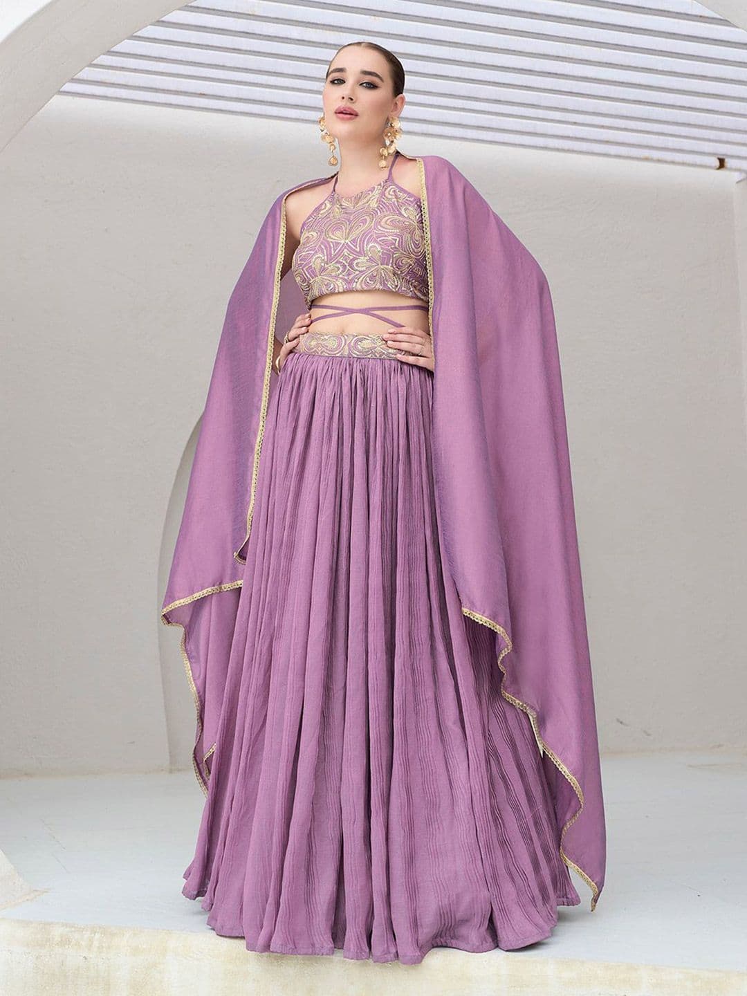 PURVAJA Emroidered Thread Work Ready To Wear Lehenga & Unstitched Blouse With Dupatta - view 1