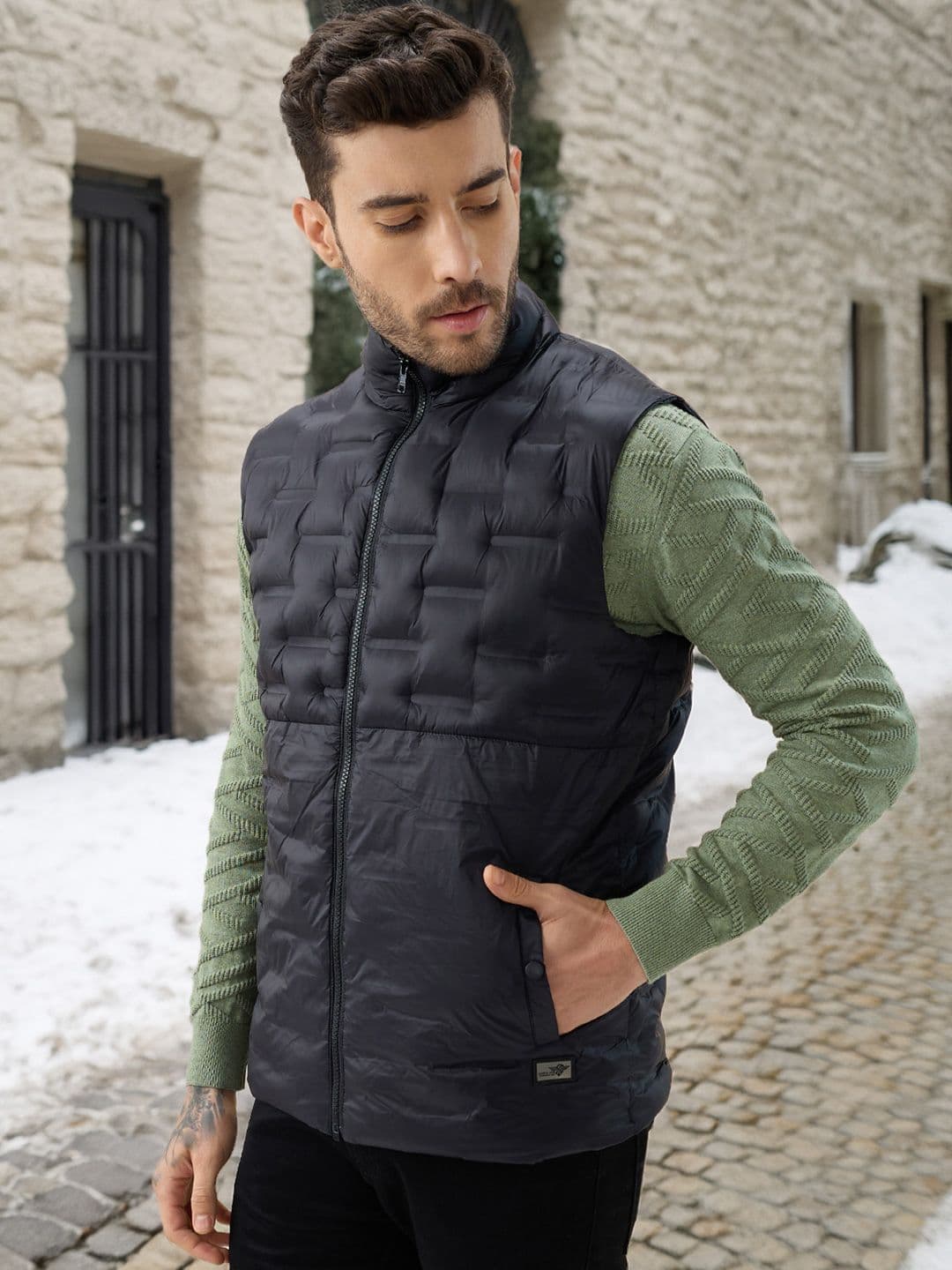 Status Quo Men Stand Collar Solid Lightweight Puffer Jacket - view 1