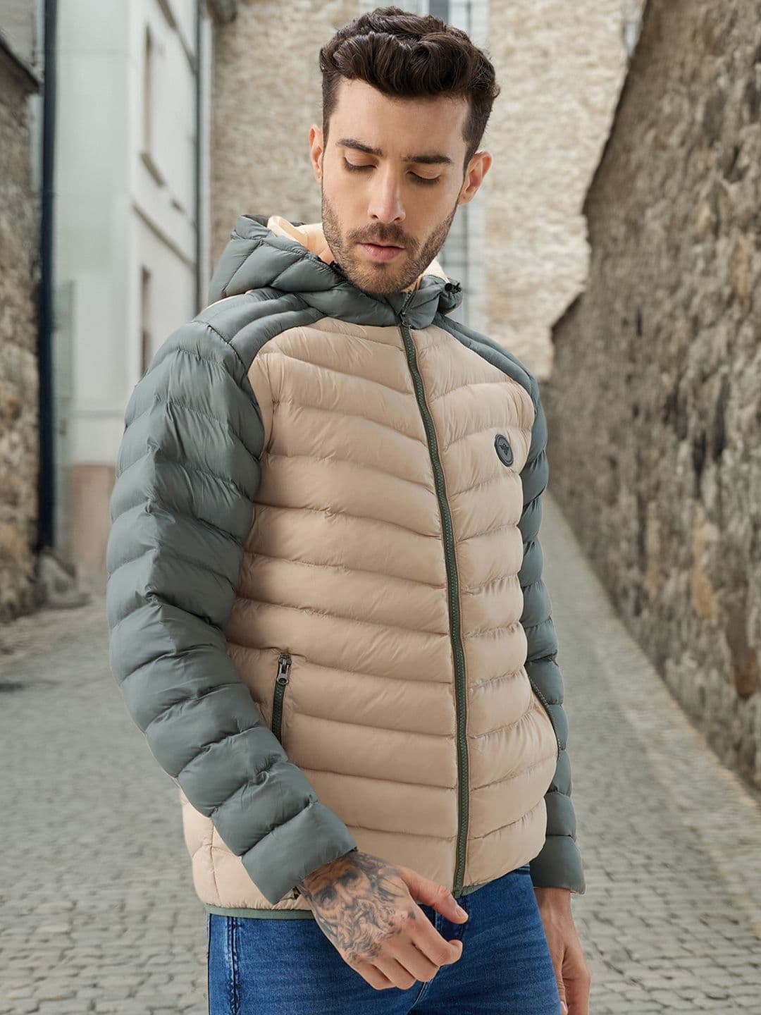 Status Quo Men Hooded Colourblocked Lightweight Puffer Jacket - view 1