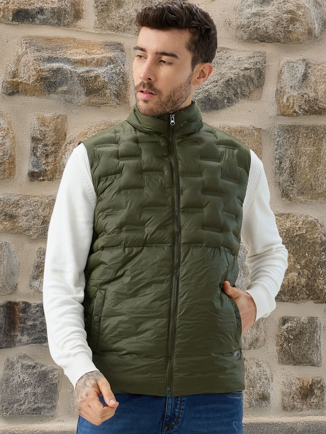 Status Quo Men Stand Collar Solid Lightweight Puffer Jacket - view 1