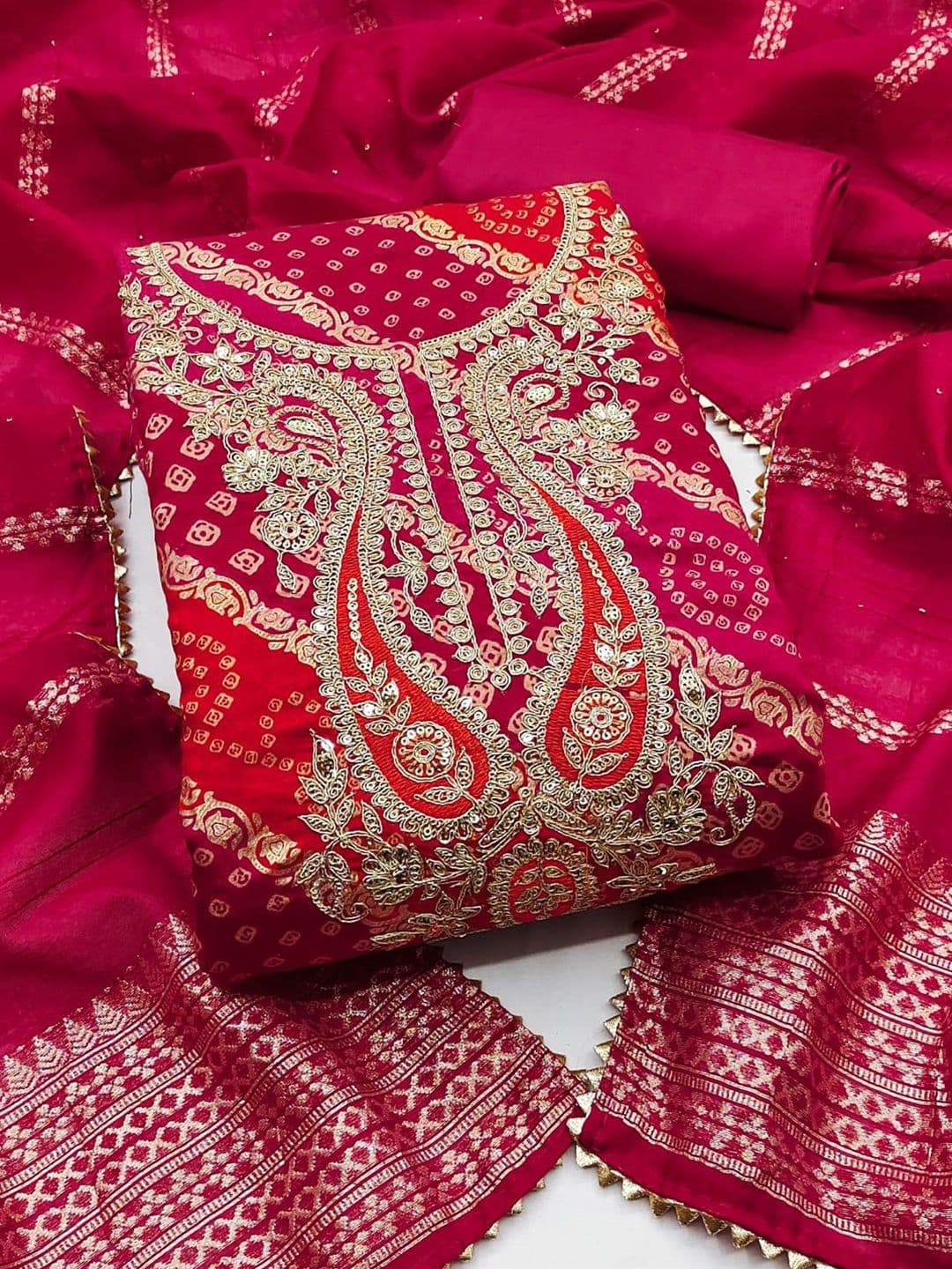 LeeliPeeri Designer Bandhani Embroidered Zari Unstitched Dress Material - view 1