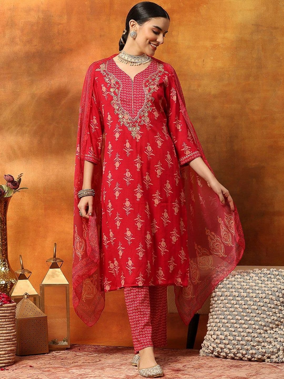 Nayam By Lakshita Women Ethnic Motifs Printed Thread Work Rayon Kurta Set - view 1