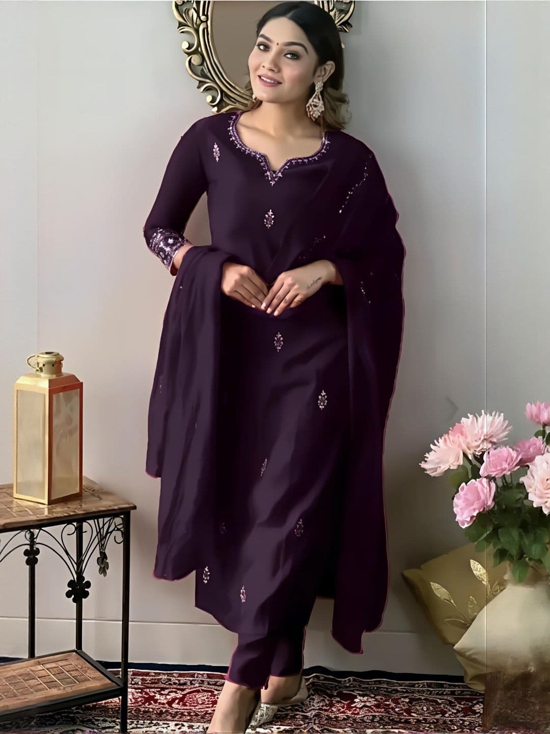 Ethnic 3 You Ethnic Motifs Embroidered Pure Cotton Kurta With Trousers & Dupatta - view 1