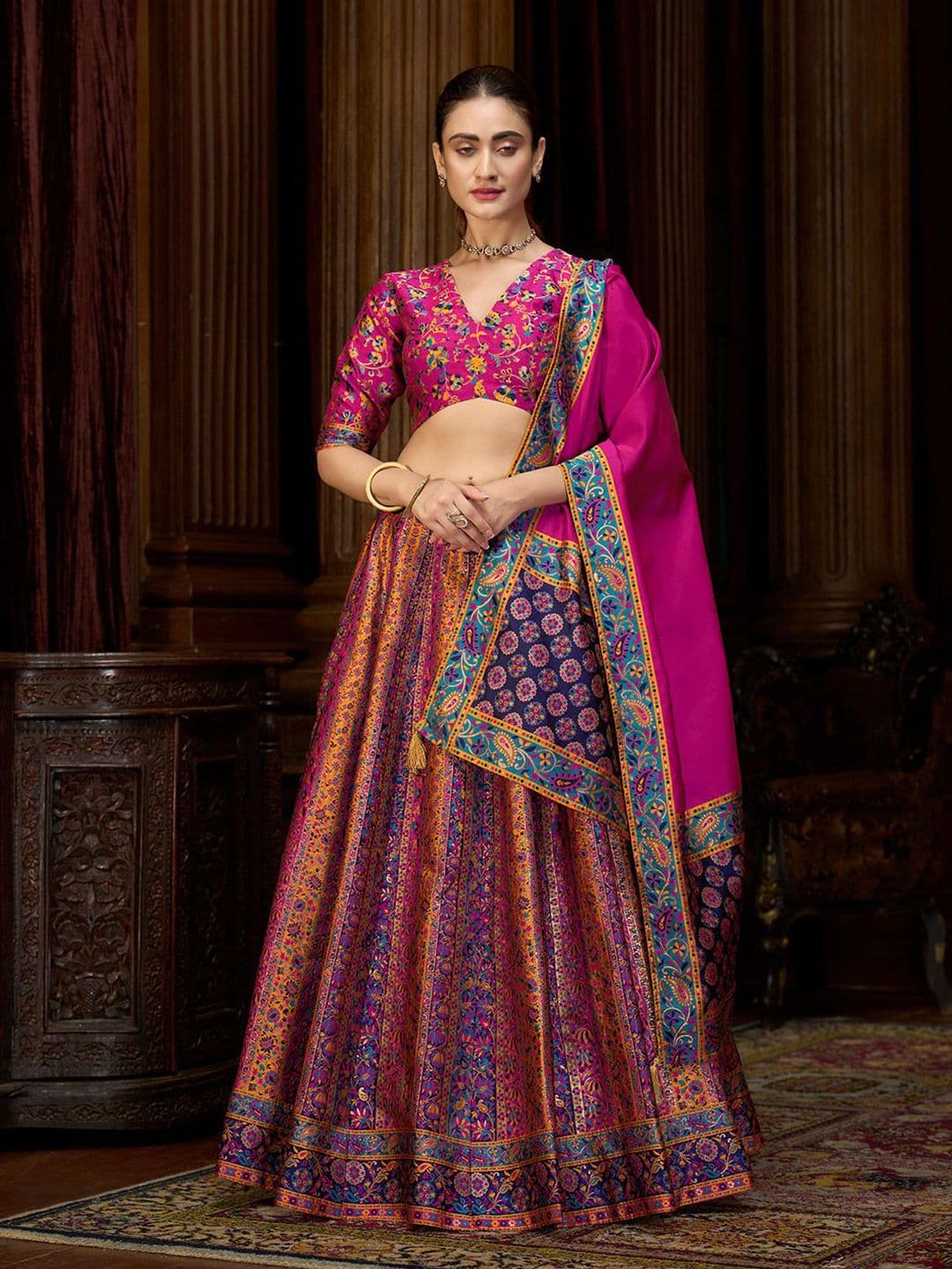 PURVAJA Woven Design Jacquard Ready To Wear Lehenga & Unstitched Blouse With Dupatta - view 1