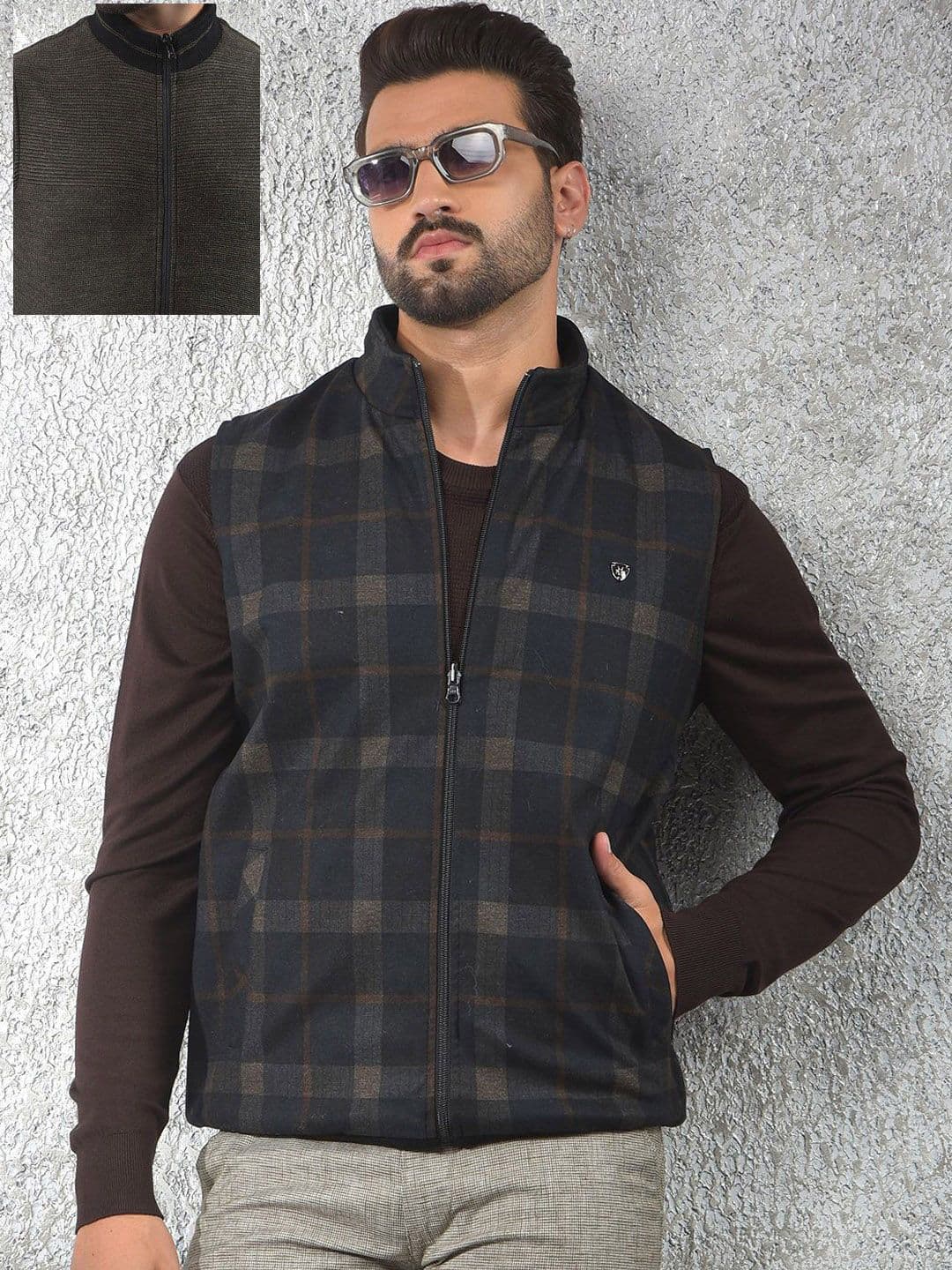 Crimsoune Club Checked Mock Collar Reversible Bomber Jacket With Zip Detail - view 1