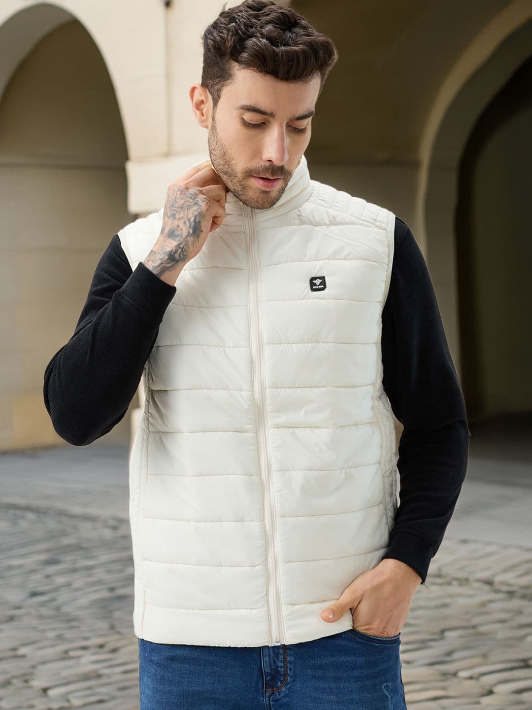 Status Quo Men Stand Collar Solid Lightweight Gilet Jacket - view 1