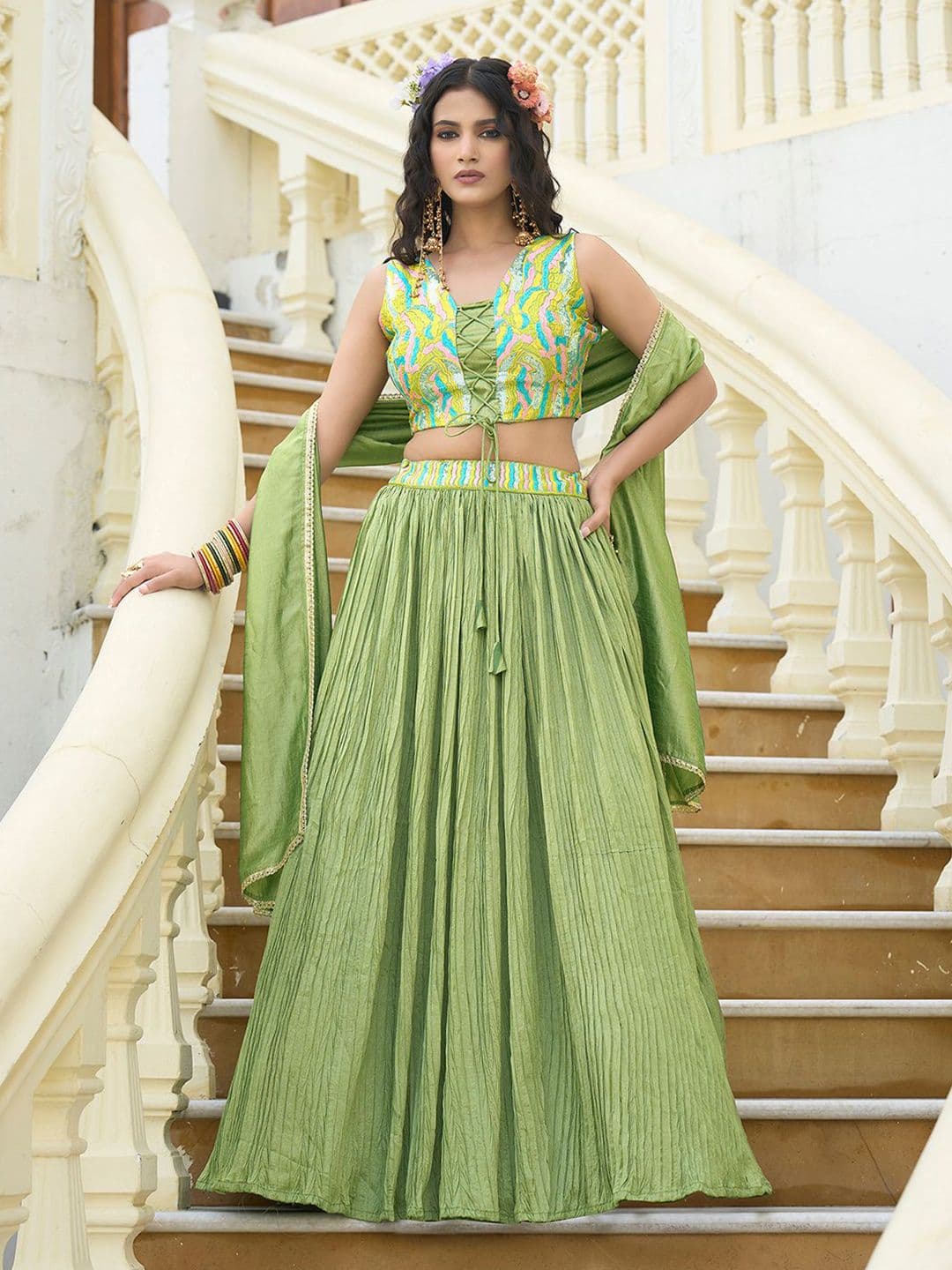 PURVAJA Emroidered Thread Work Ready To Wear Lehenga & Unstitched Blouse With Dupatta - view 1