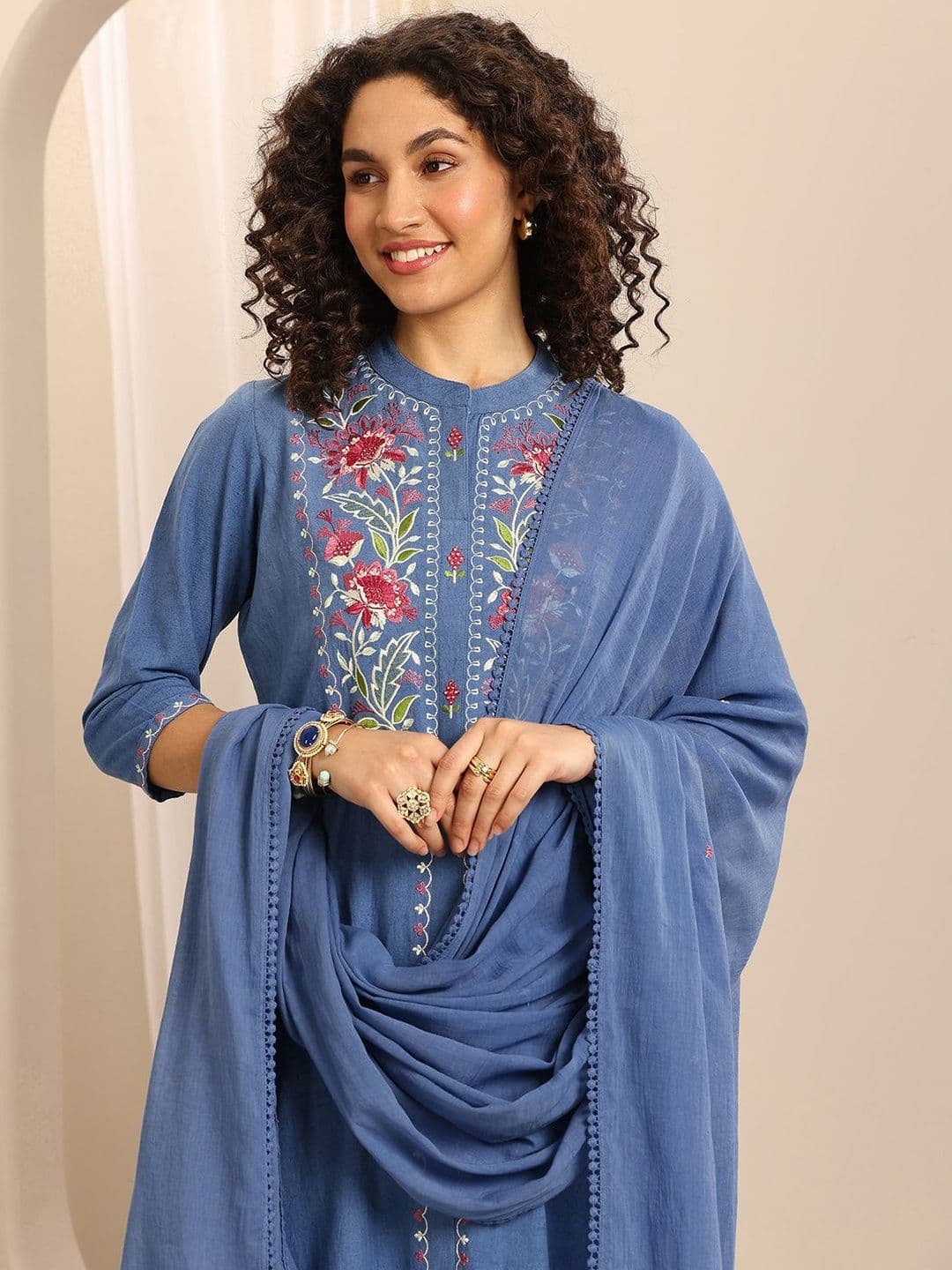 Libas Women Solid Kurta with Trouser & Dupatta - view 1