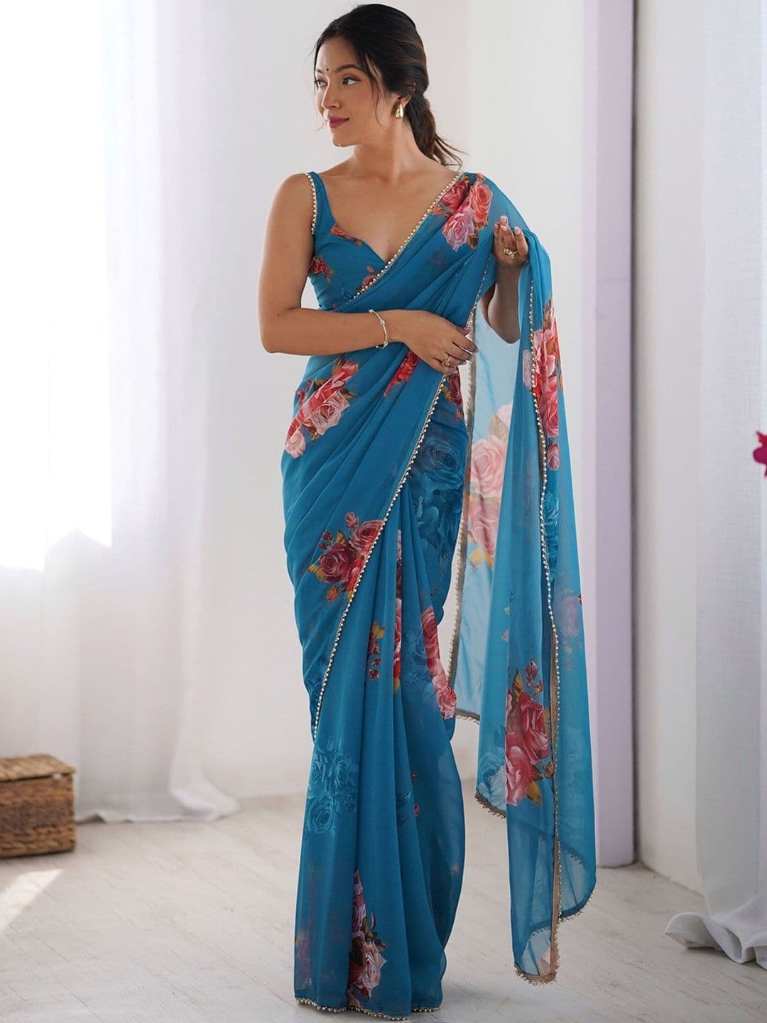LeeliPeeri Designer Floral Printed Embellished Saree With Matching Blouse Piece - view 1