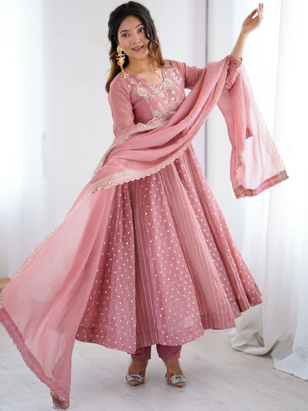 ANSH CREATION Ethnic Motifs Embroidered Pure Silk Kurta With Palazzos & Dupatta - view 1