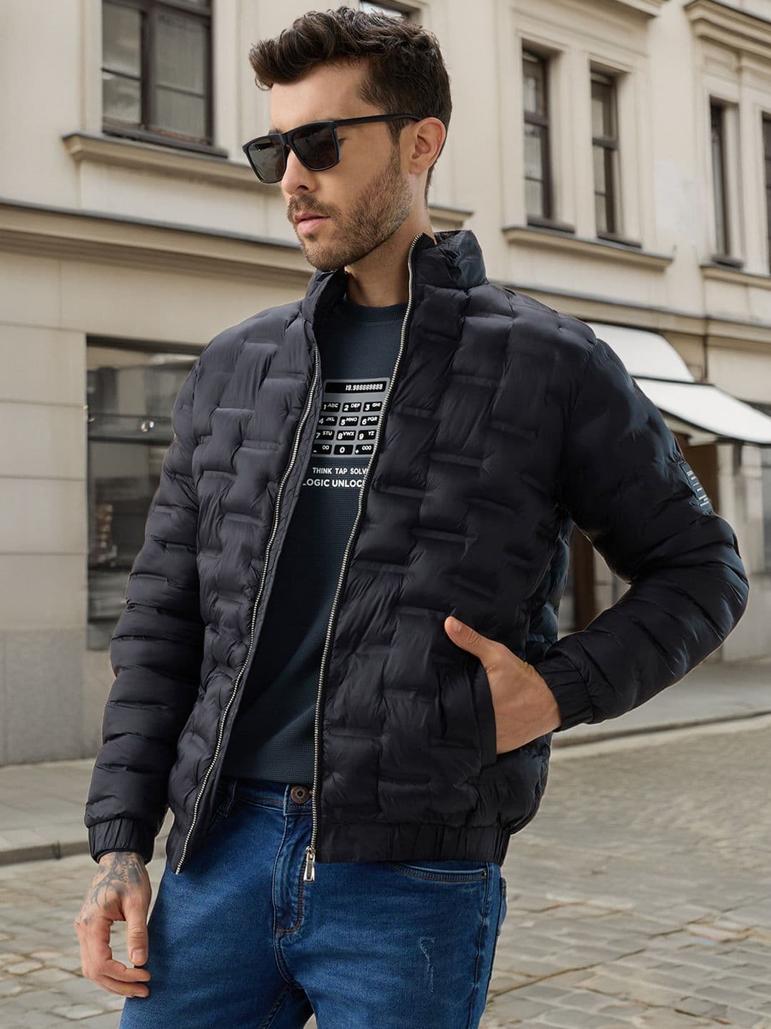 Status Quo Men Stand Collar Self Design Lightweight Puffer Jacket - view 1