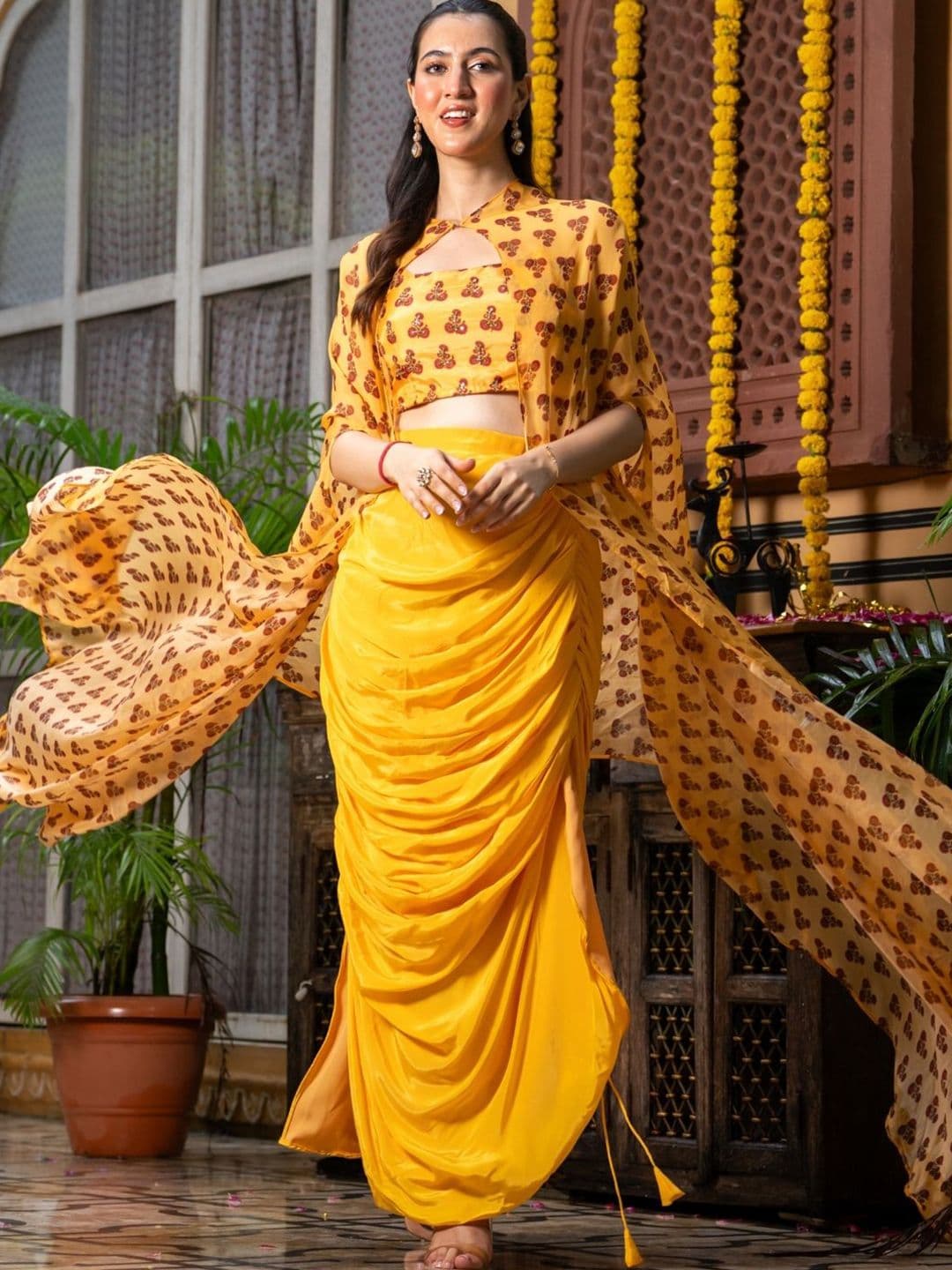 HOUSE OF JAMOTI Yellow Embroidered Ready To Wear Lehenga & Blouse - view 1
