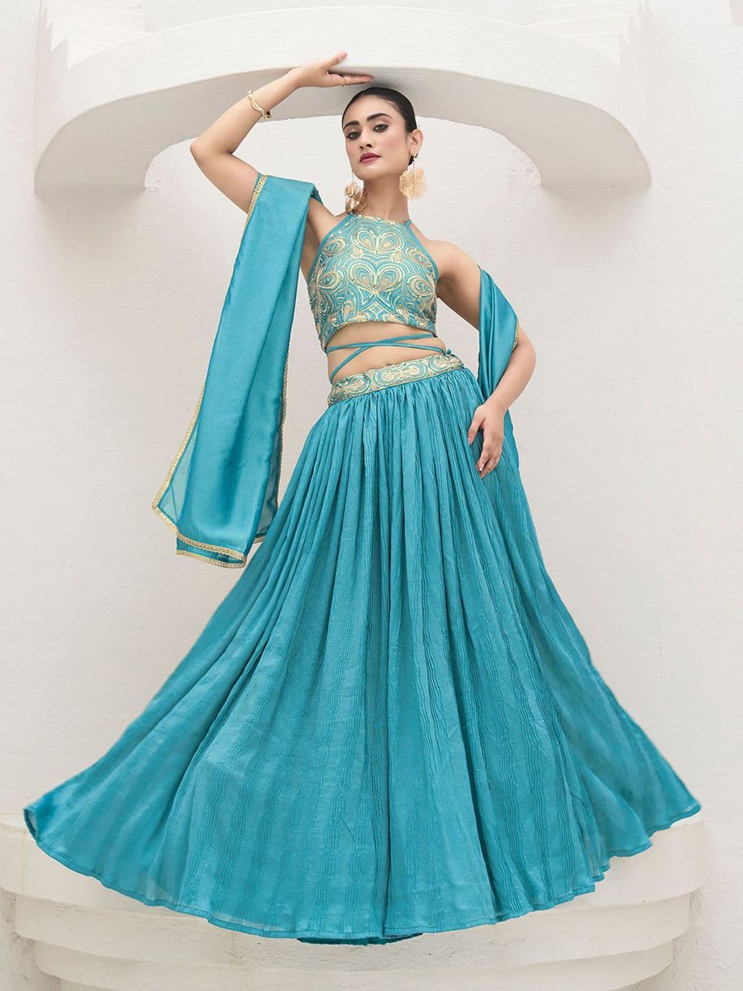 PURVAJA Emroidered Thread Work Ready To Wear Lehenga & Unstitched Blouse With Dupatta - view 1