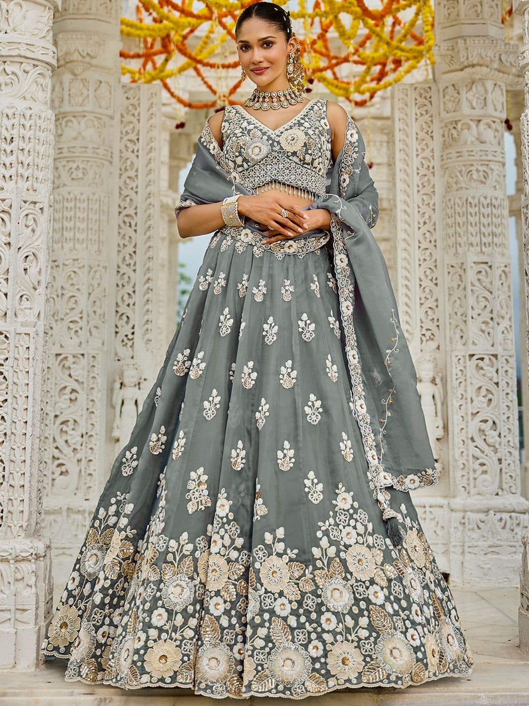 panchhi Rama Embroidered Organza Beads & Stones Ready To Wear Lehenga & Choli With Dupatta - view 1