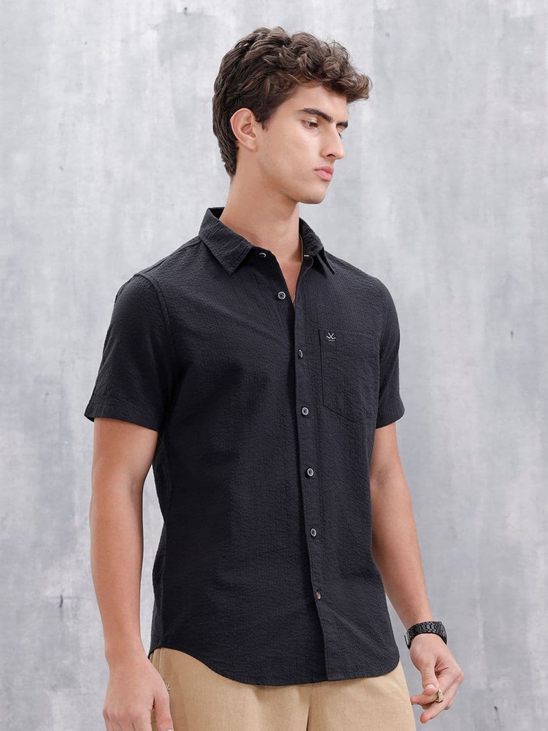 WROGN Slim Fit Textured Spread Collar Pure Cotton Casual Shirt - view 1