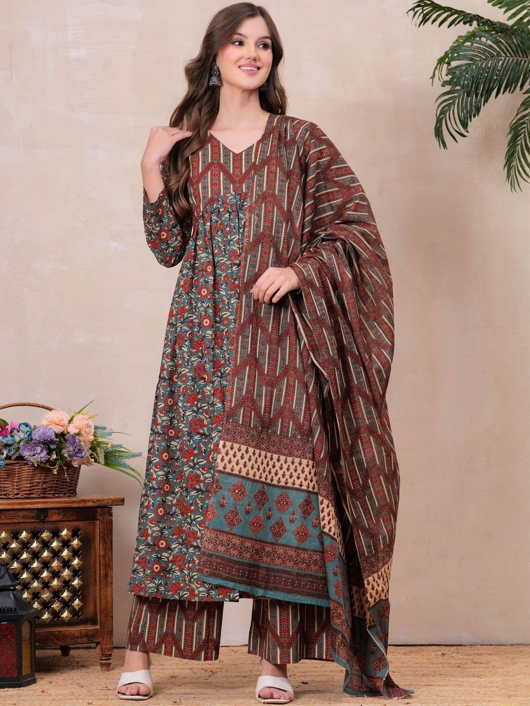 PinkLabel Women Floral Printed Cotton A-Line Kurta with Palazzos & Dupatta - view 1