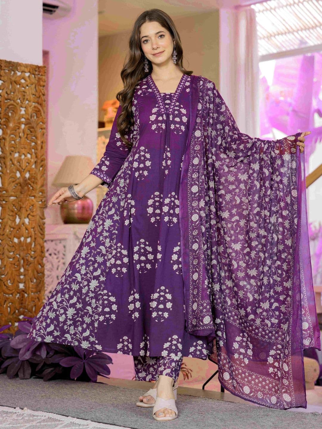 PARTHVI Floral Printed Pure Cotton A-Line Kurta With Trouser & Dupatta - view 1