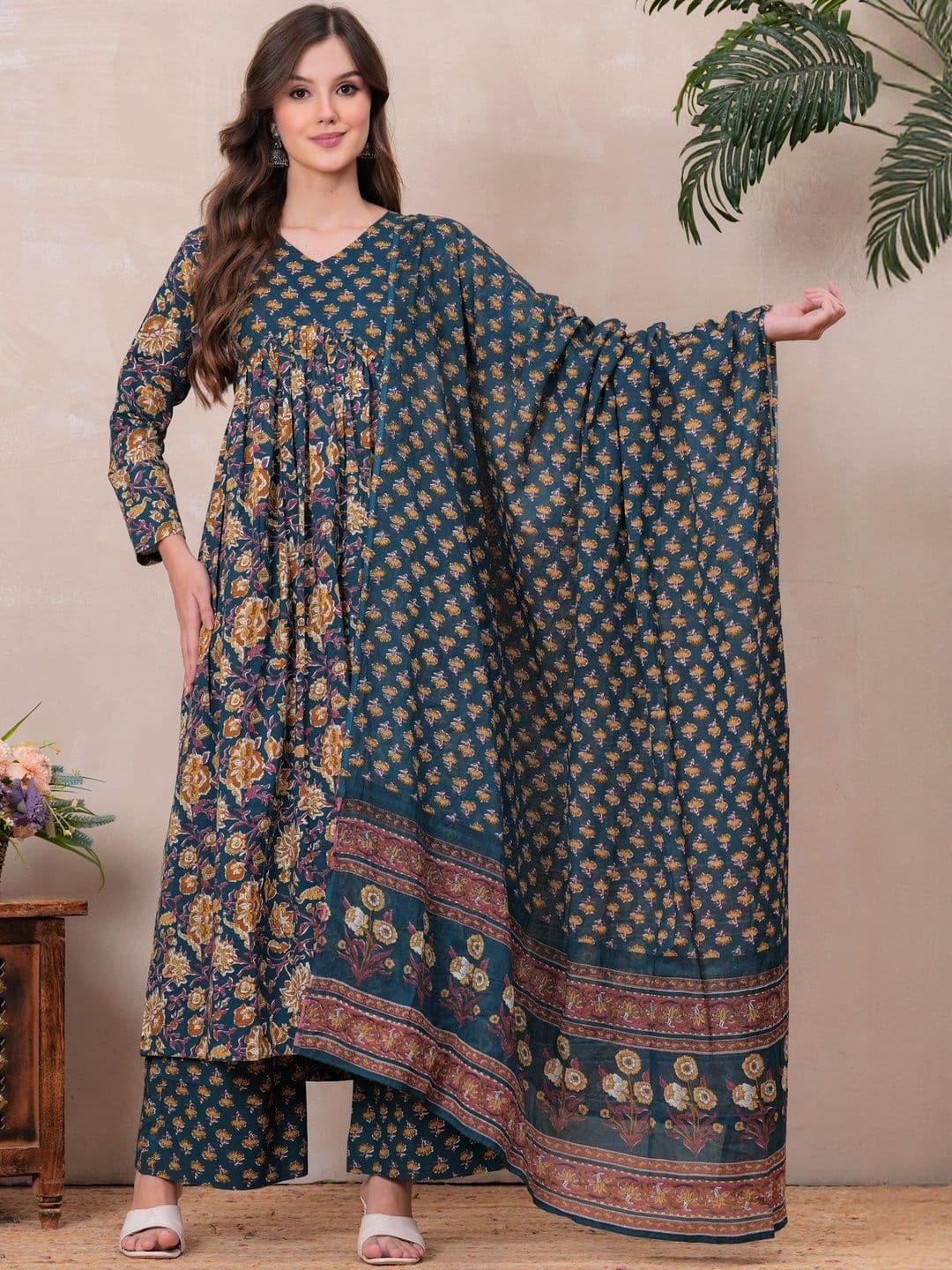 PinkLabel Floral Printed V-Neck Pure Cotton Kurta With Palazzos & Dupatta - view 1