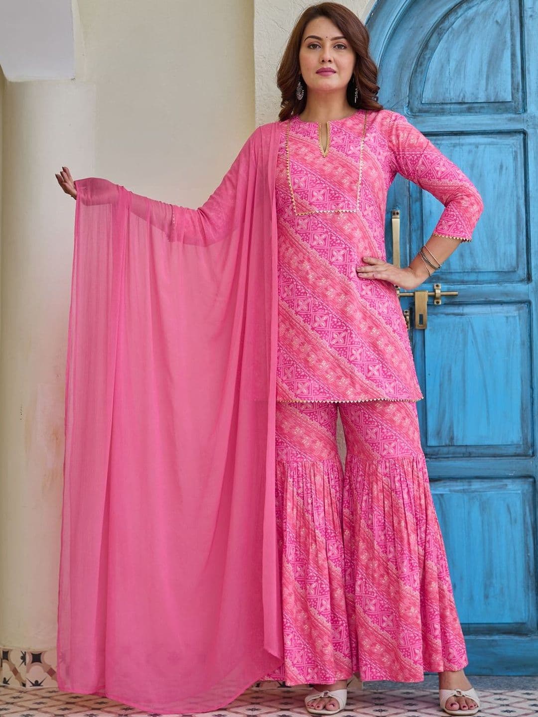 Moda Rapido Ethnic Motifs Printed Notch Neck Gotta Patti Kurti With Sharara And Dupatta - view 1
