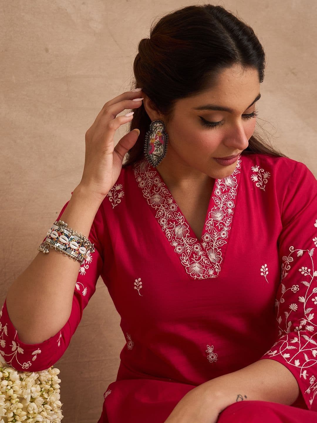 Indo Era Women Ethnic Motifs Embroidered Cotton Kurta with Trousers - view 1