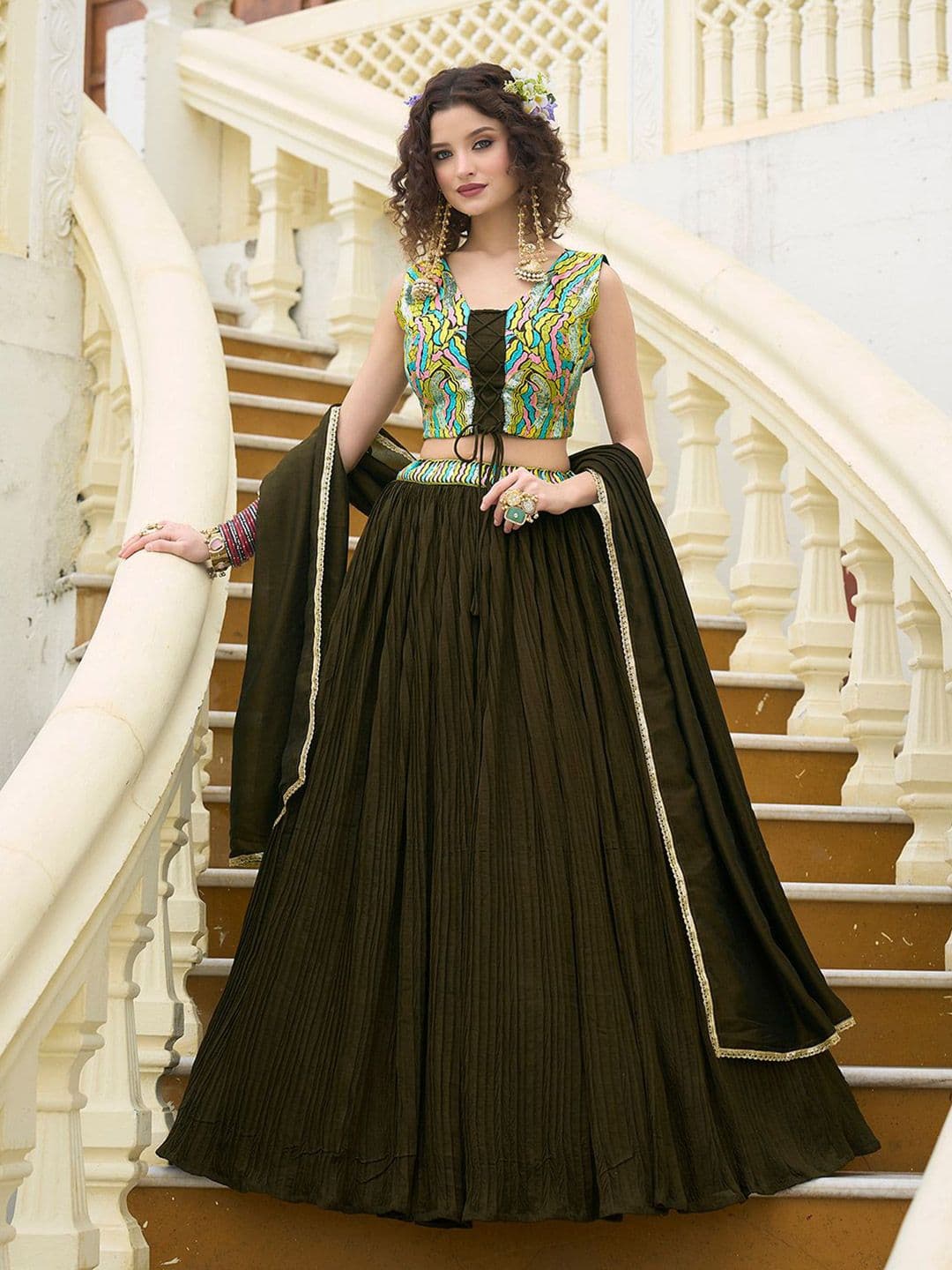 PURVAJA Emroidered Thread Work Ready To Wear Lehenga & Unstitched Blouse With Dupatta - view 1