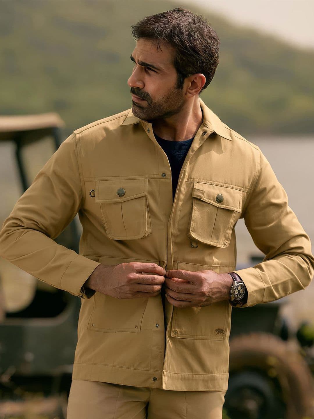Andamen Escape Men Stand Collar Pocket Detail Cotton Regular Fit Jacket - view 1