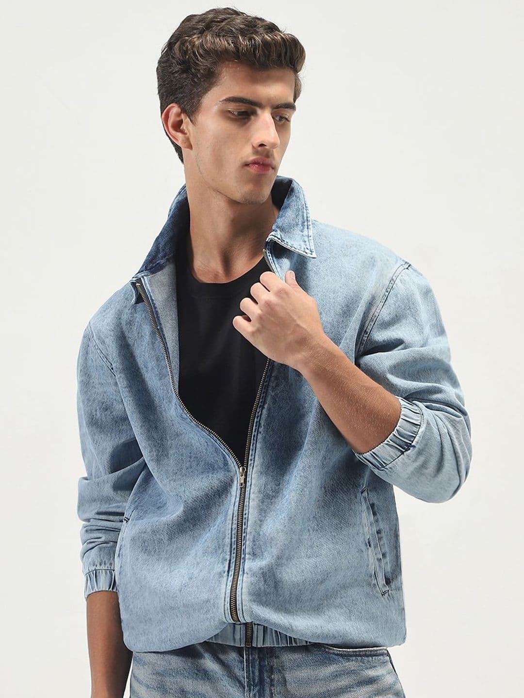 Urbano Fashion Men Spread Collar Washed Solid Denim Jacket - view 1