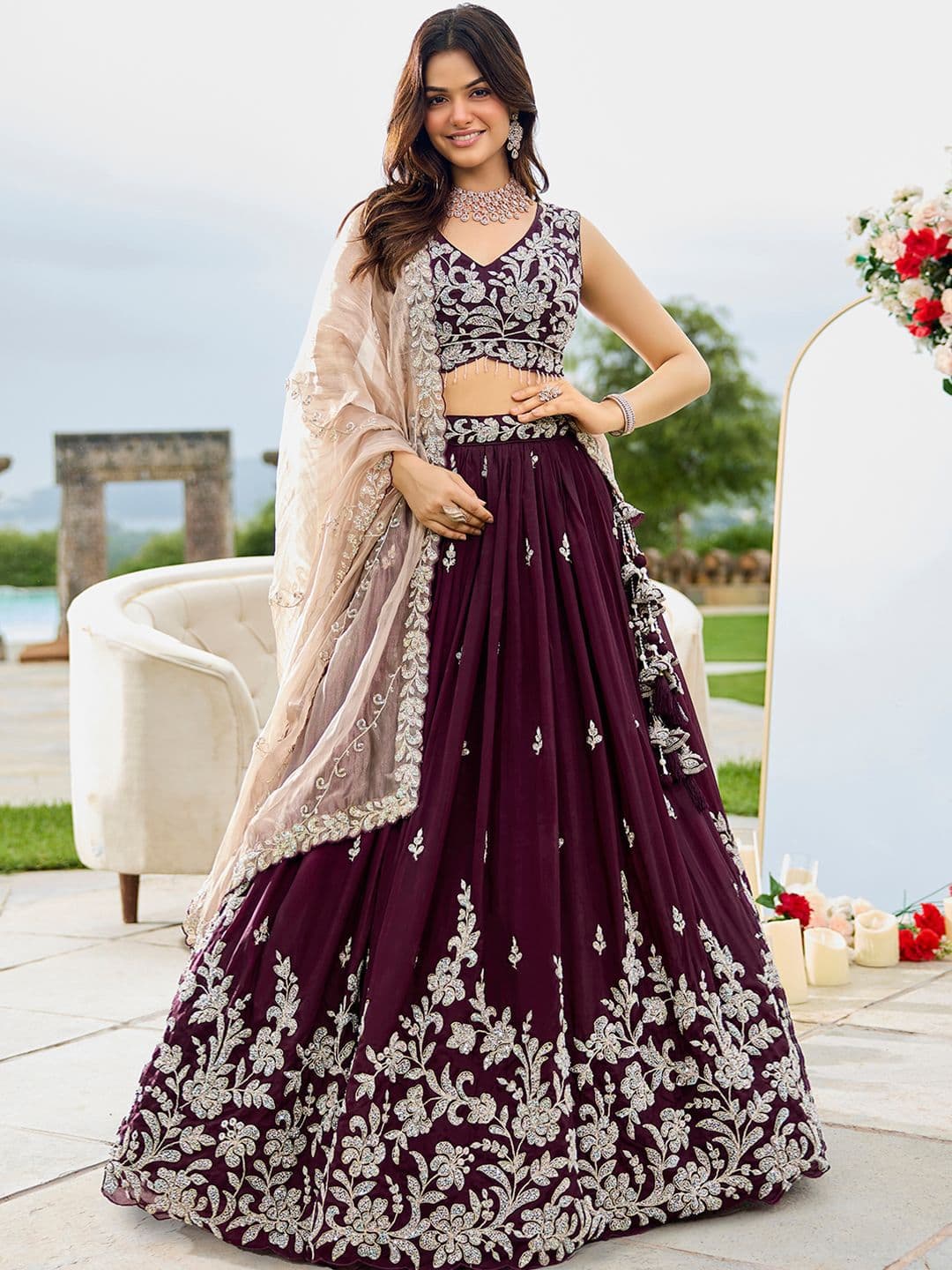 panchhi Wine Embroidered Satin Silk Beads & Stone Ready To Wear Lehenga Choli With Dupatta - view 1