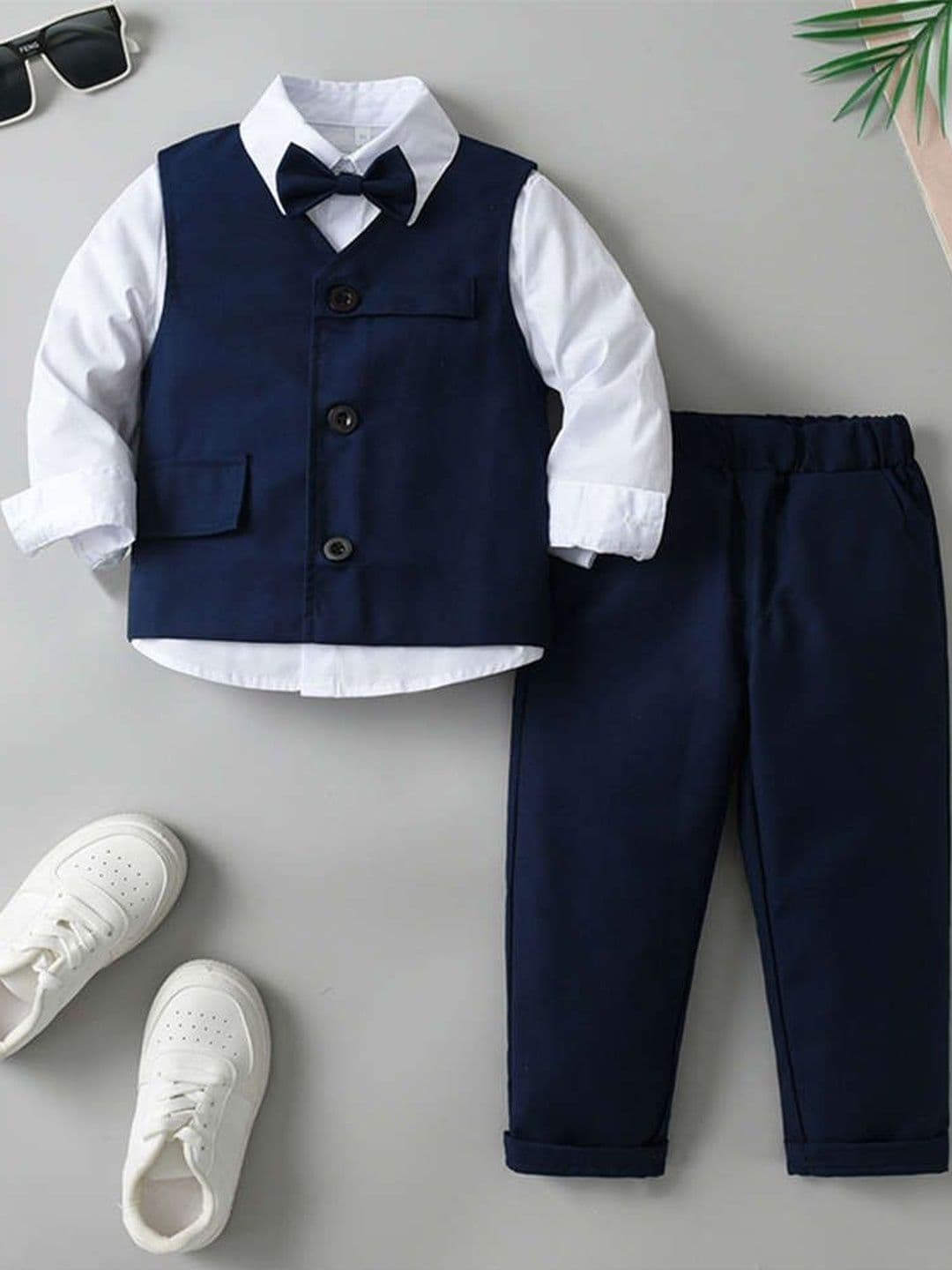 TOGEPI Boys Pure Cotton Navy Blue Formal Suit Set With Bow Tie - view 1