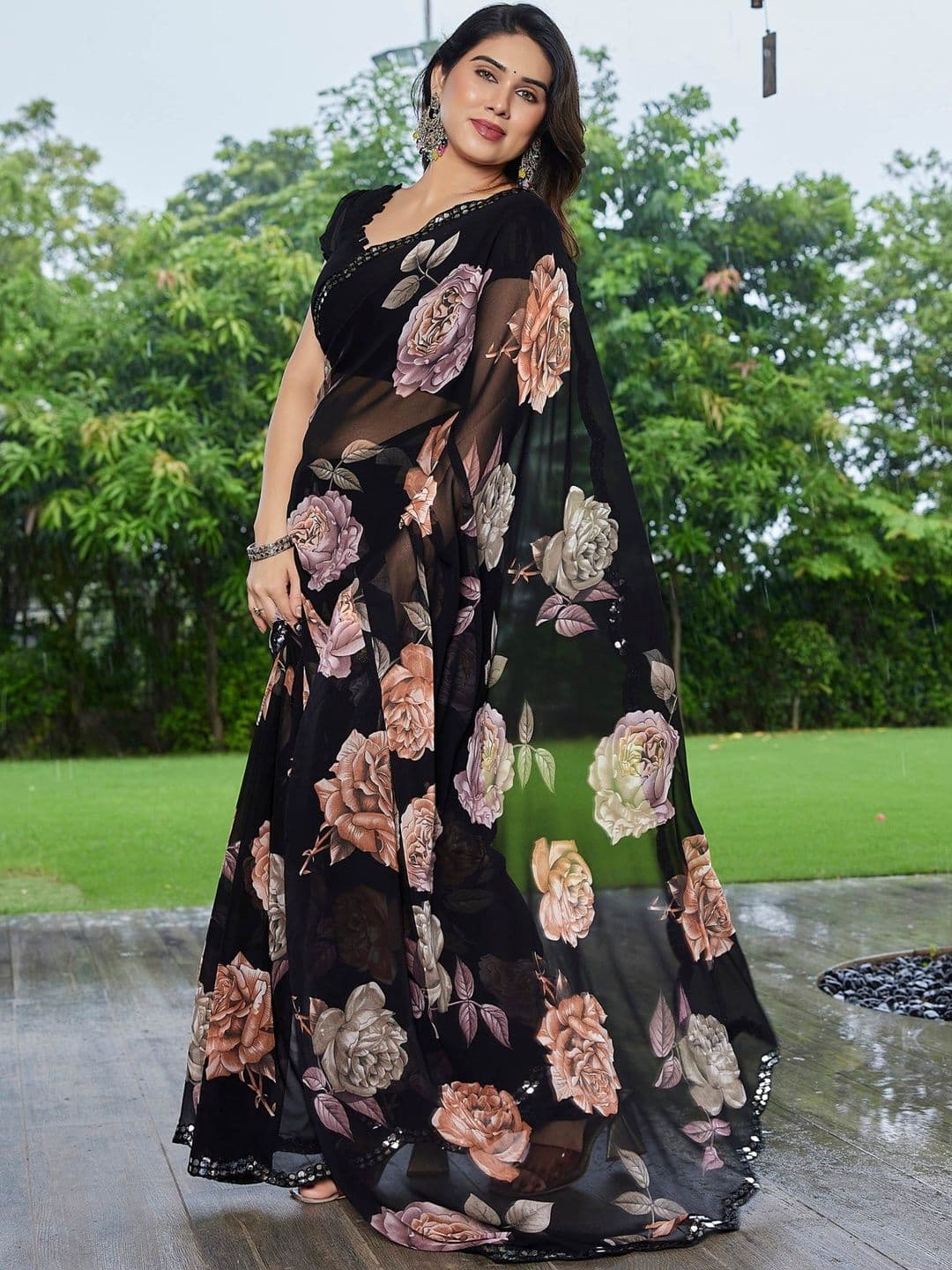 HERE&NOW Floral Printed Sequinned Pure Georgette Saree With Blouse - view 1