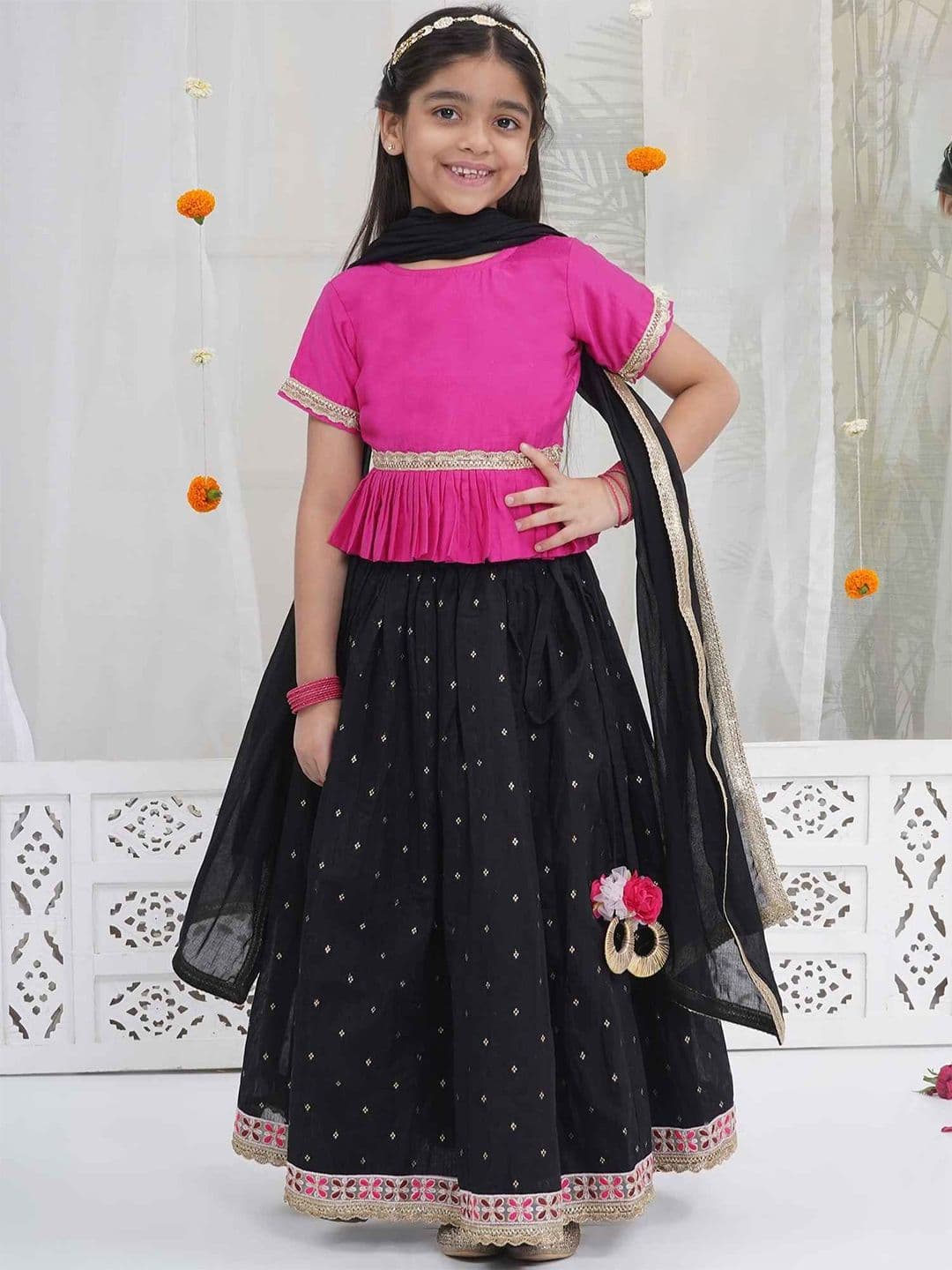 Little Bansi Girls Chanderi Blouse & Boota Embellished Lehenga Lace Dupatta- Black - view 1