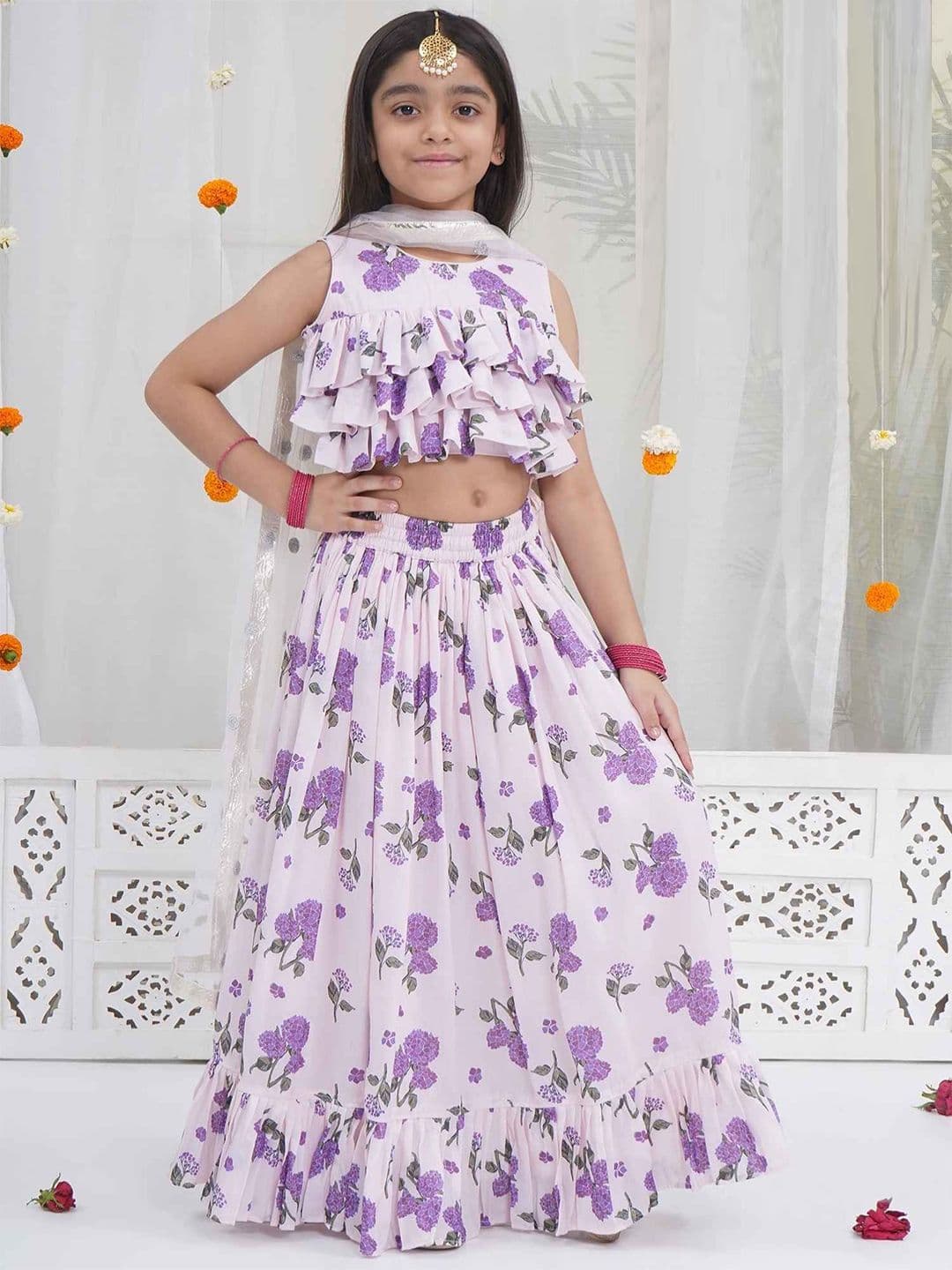 Little Bansi Girls Cotton Lining With Muslin Dandelion Blouse, Lehenga & Dupatta- Lavender - view 1